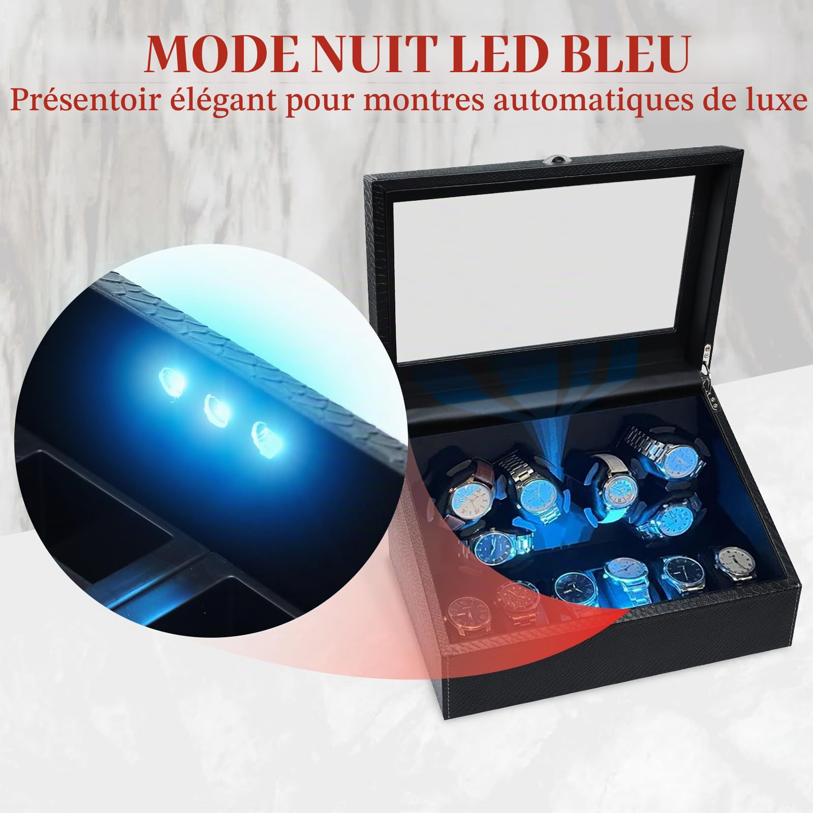 Remontoir Montre Automatique, 6 Boite Montre Automatique avec Rétroéclairage LED, Moteur Silencieux, Plusieurs Modes de Rotation, Remontoire Montre Automatic Technologie Intelligente d'Arrêt