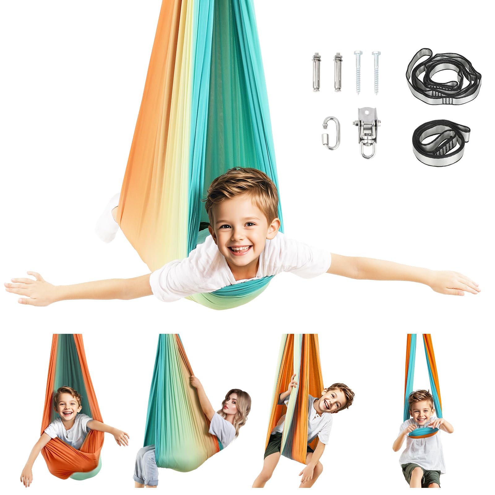 Sensory Swing for Kids & Adults, Indoor & Outdoor Sensory Swing Holds up to 300lbs, Double Layer Therapy Cuddle Swing for Kid with Autism, Included 360° Swivel Hanger Kit(Orange)