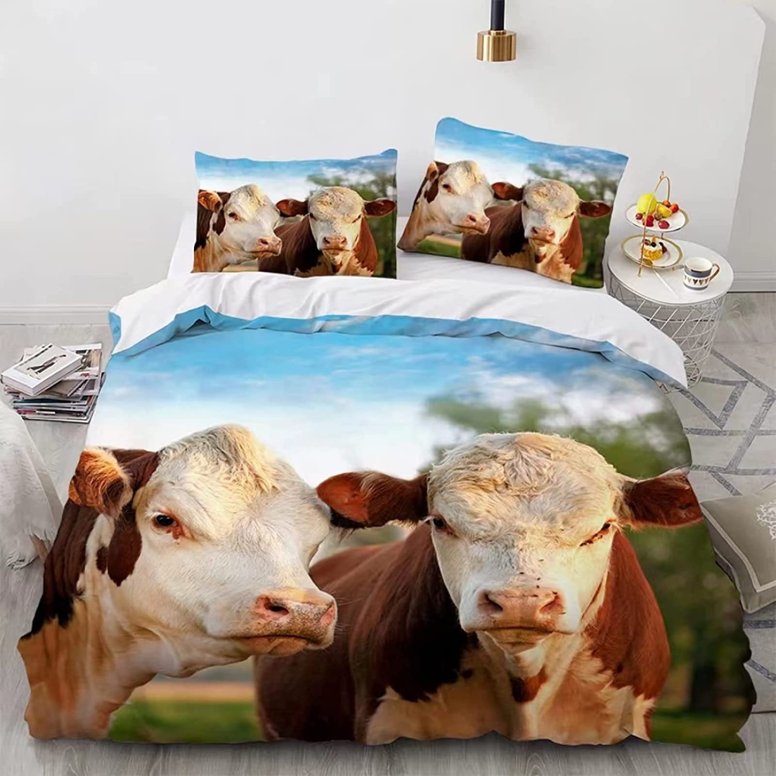 Drap Housse 160x200 Cm à Motif Animaux De La Ferme (vache, Mouton) - Bonnet 30 Cm - Microfibre Douce - Avec 2 Taies 65x65 Cm