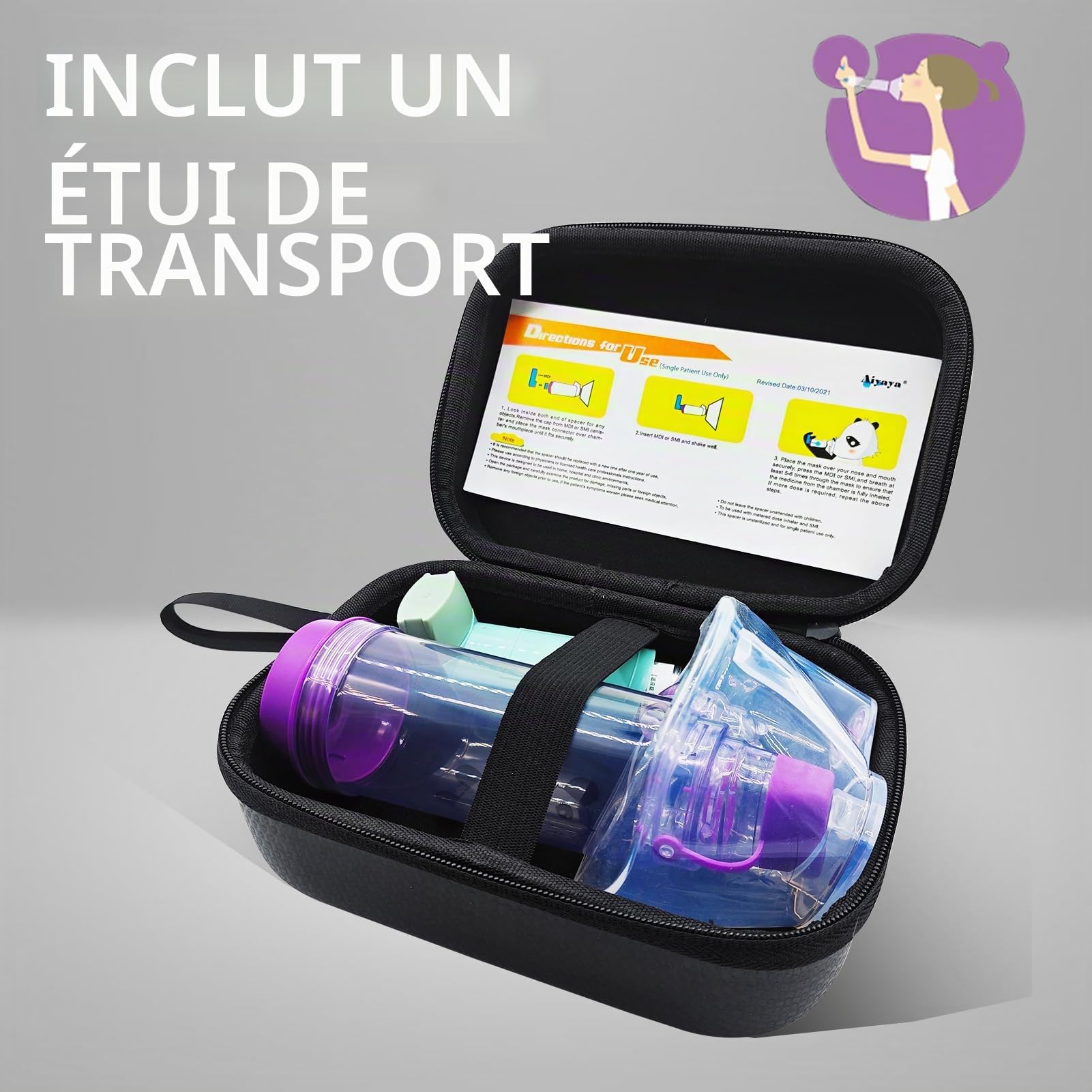Chambre d'inhalateur avec masque et étui de transport de voyage, chambre d'aérosol utilisée avec n'importe quel inhalateur de dose dosée (MDI) pour l'asthme et les problèmes respiratoires (adulte)