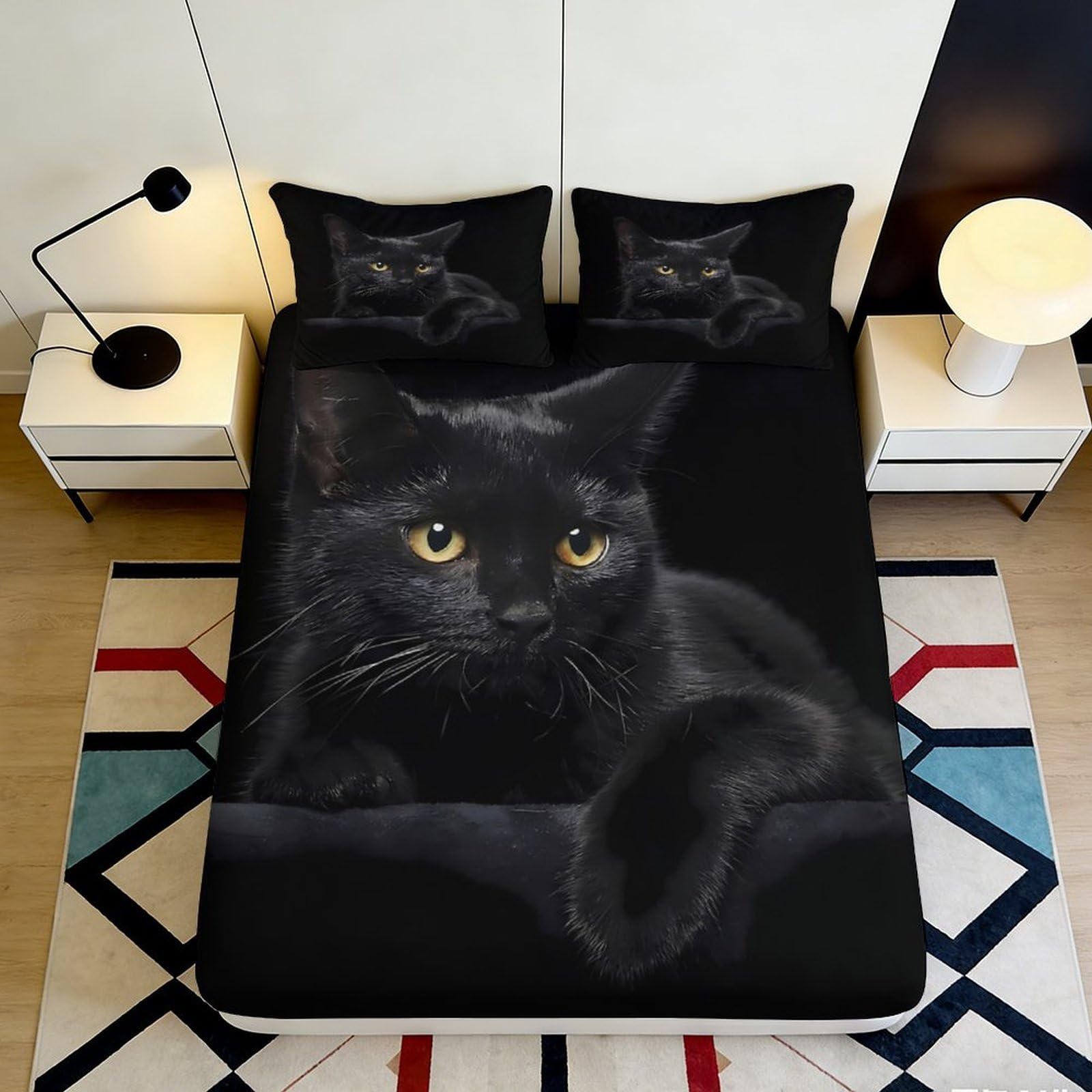 Uynsixtme Style-3 3D Printed Black Cat Fitted Sheet Microfiber Deep Pocket Mattress Fitted Cover Non-Slip Full Wrap For Bedroom 140X200x25cm
