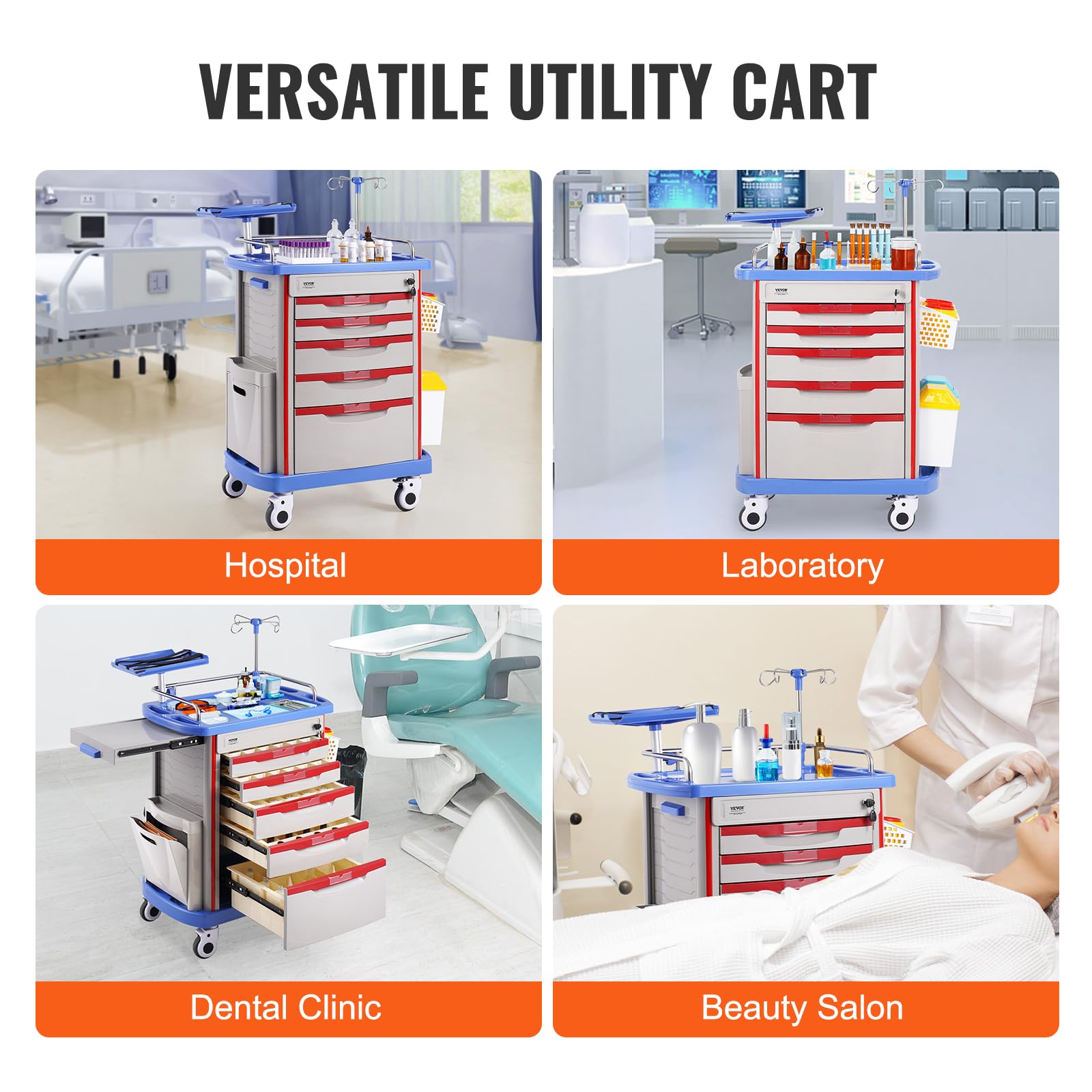 VEVOR Carro de Laboratorio de 5 Niveles Médico con 5 Cajones y 4 Ruedas Silenciosas Móvil PP Azul