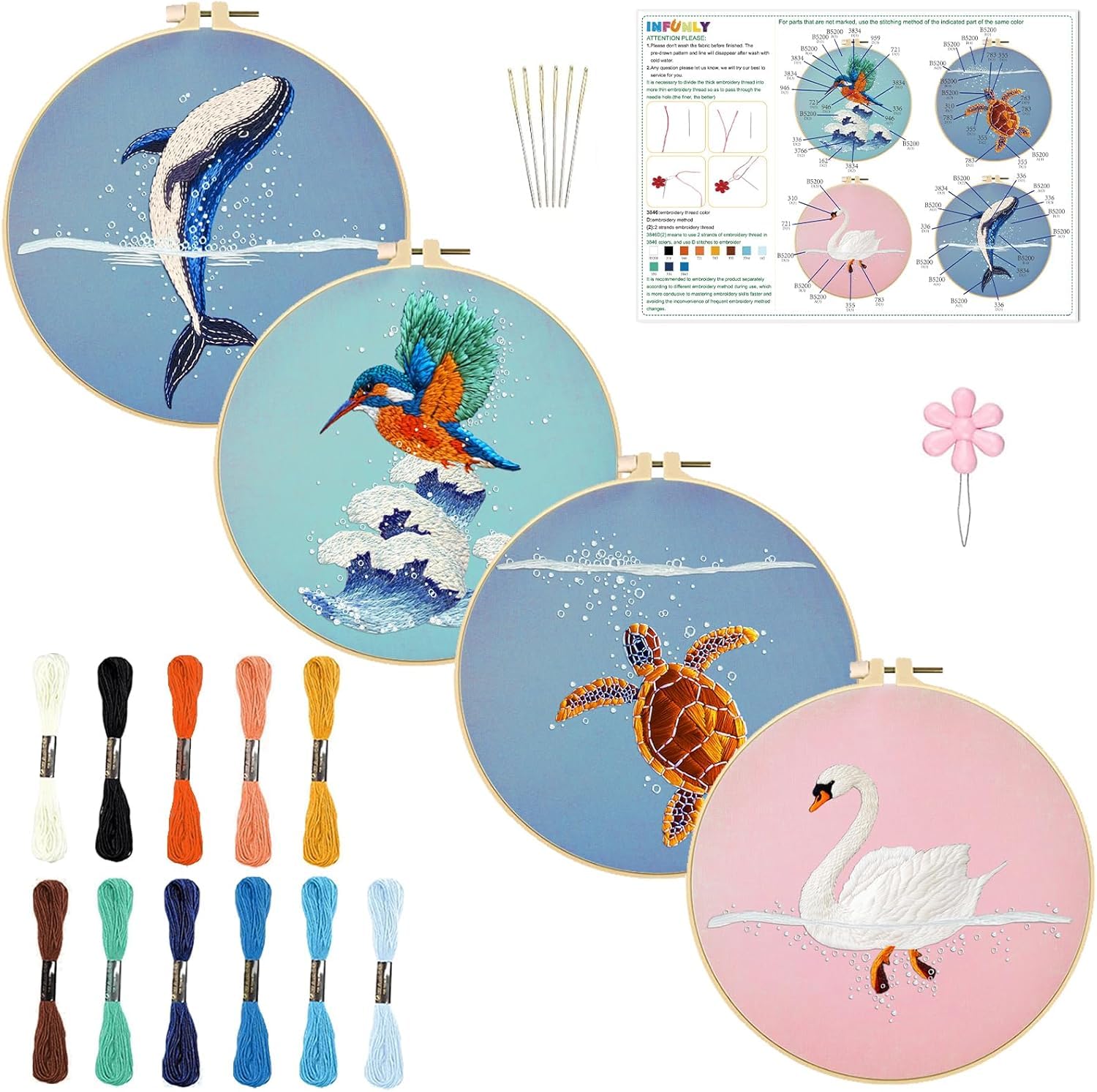 INFUNLY 4 Sets Whale Embroidery Kits for Beginner Bird Cross Stitch Starter Kits with Instructions for Adults DIY Embroidery Needlepoint Sets with Animal Pattern Embroidery Cloth Hoops Threads Tools