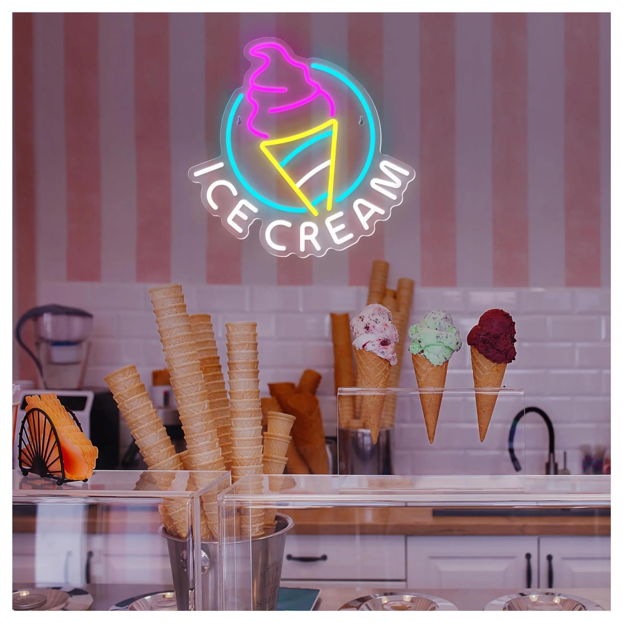 Decoración Lámparas Letrero De Neón Ice Cream Con Luz Para Decoración De Pared, Ideal Para Fiestas De Cumpleaños, Dormitorios, Bares Y Tiendas De Bebidas, 35cmx34cm