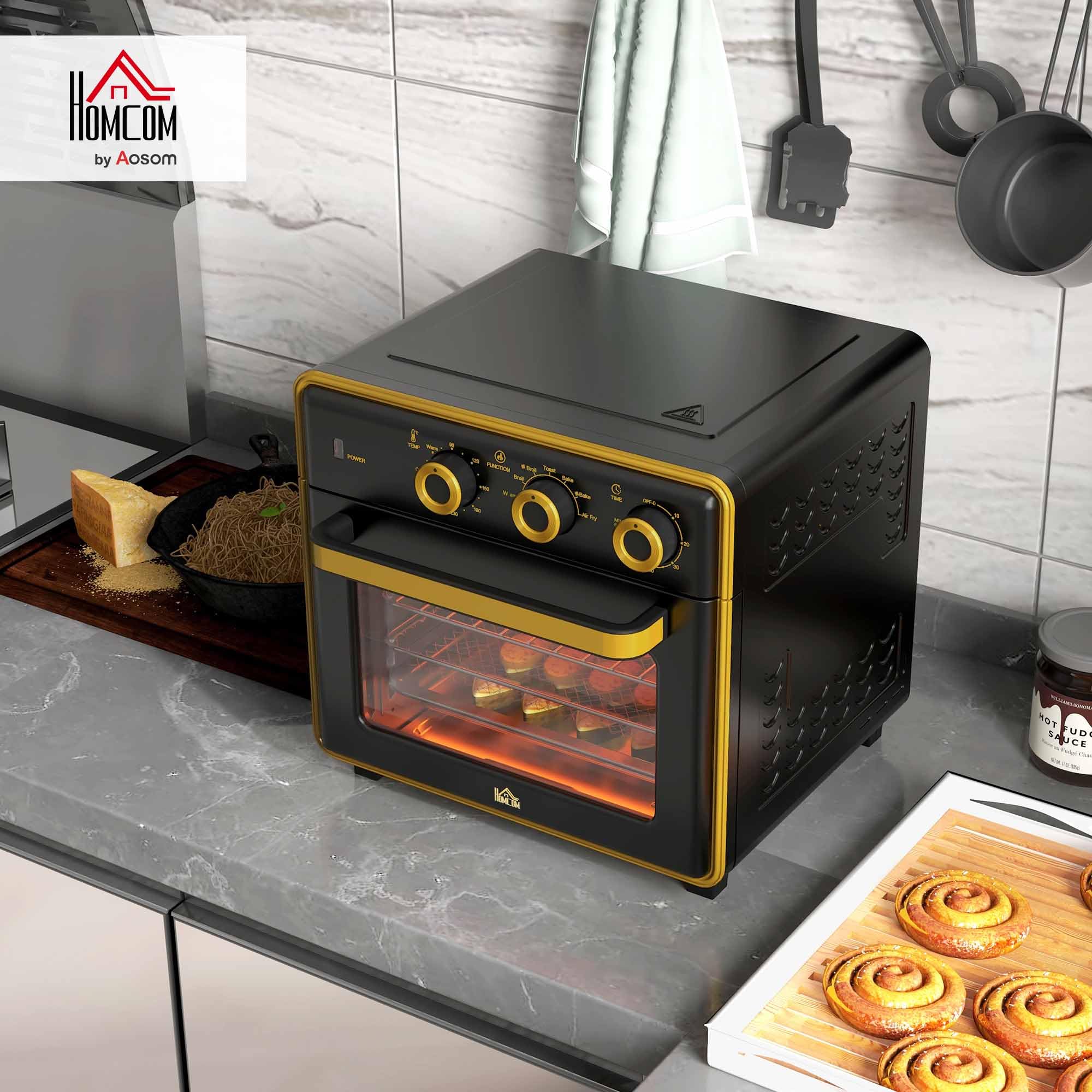 HOMCOM Minibackofen mit Umluft 20L Mini Ofen mit Backblech, Grillrost und Krümelblech, 90 °C-230 °C Heißluftfritteuse mit 5 Modi, Frittierkorb, 60 Min. Timer, 1400W, Metall
