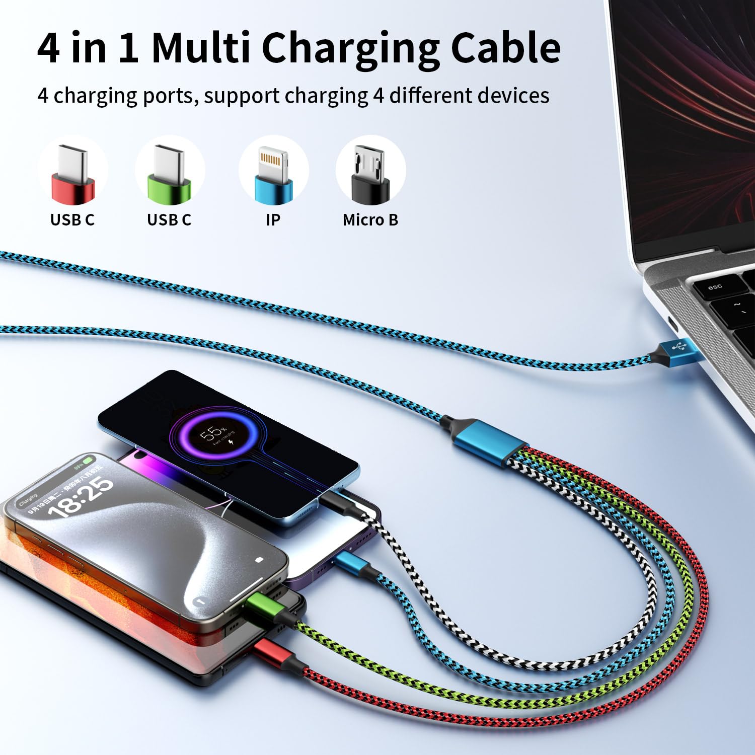4 in 1 Dual Typ C Multi Ladekabel, Ladekabel für mehrere Geräte | USB-Ladekabel mit 2 USB-C/IP/Micro-USB-Ladegeräten, Handy-Ladegerät für iPhone 17–8/Android/Pad und mehr, 2 Stück