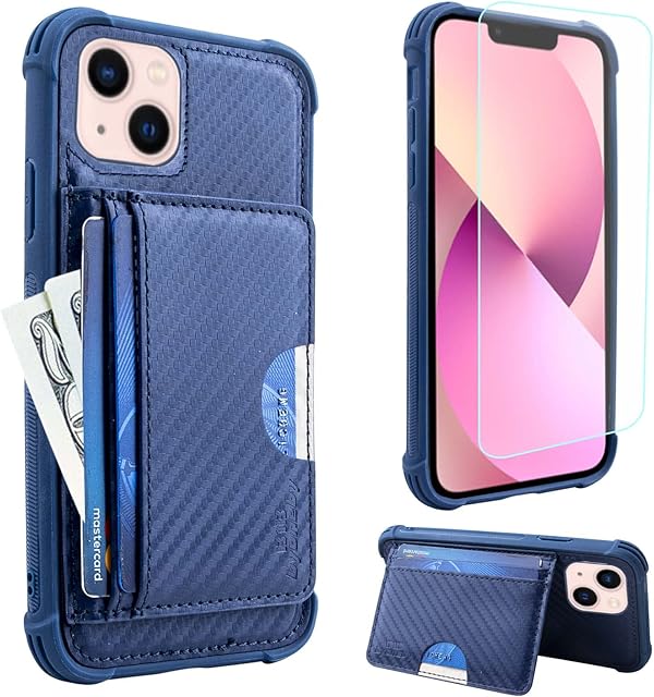 b1b byoneby iPhone 13 Wallet Case with Credit Card Holder Slots & Screen Protector Mag-Safe Wireless Charging Kickstand Phone Shockproof Slim Carbon Fiber Cover for Apple iPhone 13,Navy Blue