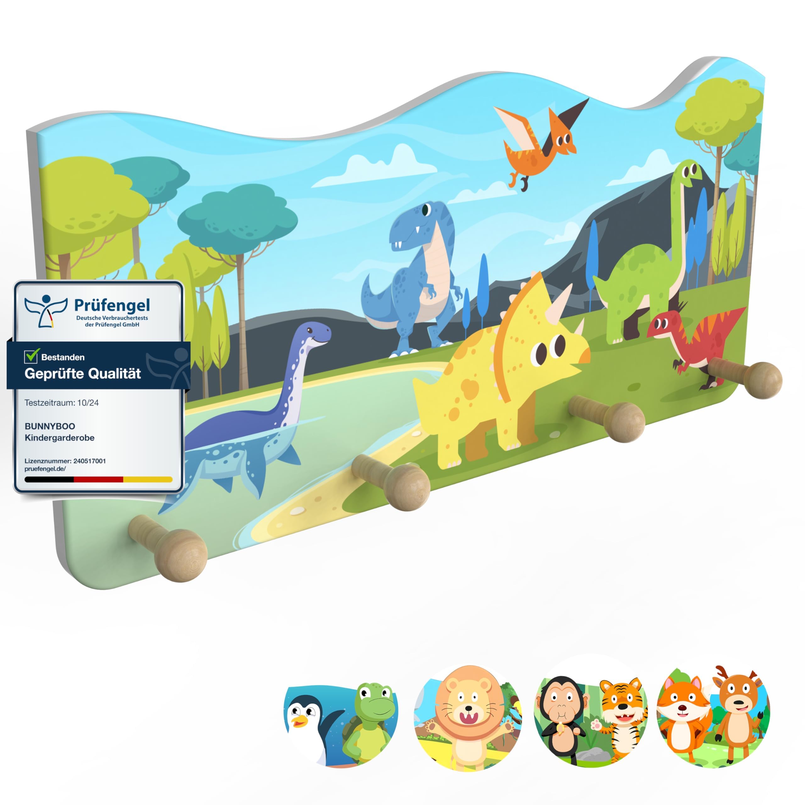 bunnyboo Kindergarderobe aus Holz - Garderobe mit 4 Kleiderhaken - kindliche Designs- wunderschöne Garderobenleiste Kinder (Dino)