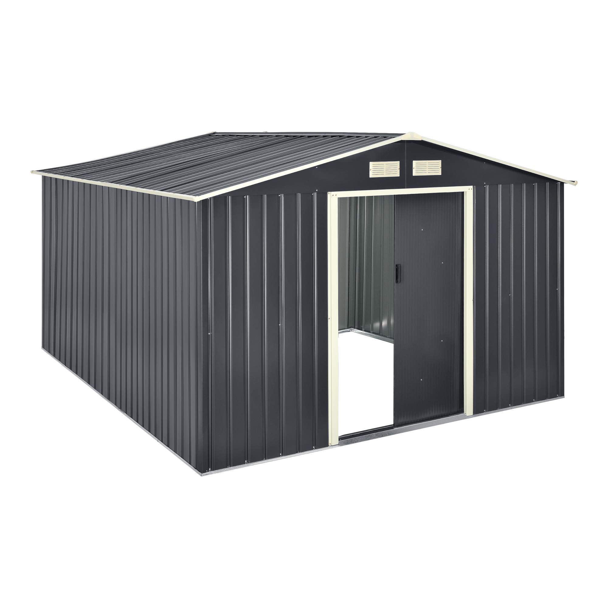 [en.casa] Casetta da Giardino con Doppia Porta Scorrevole Box Capanno Porta Attrezzi Ripostiglio da Esterno in Lamiera con Telaio in Metallo Tetto Inclinato 277x319x192 cm - Grigio Scuro