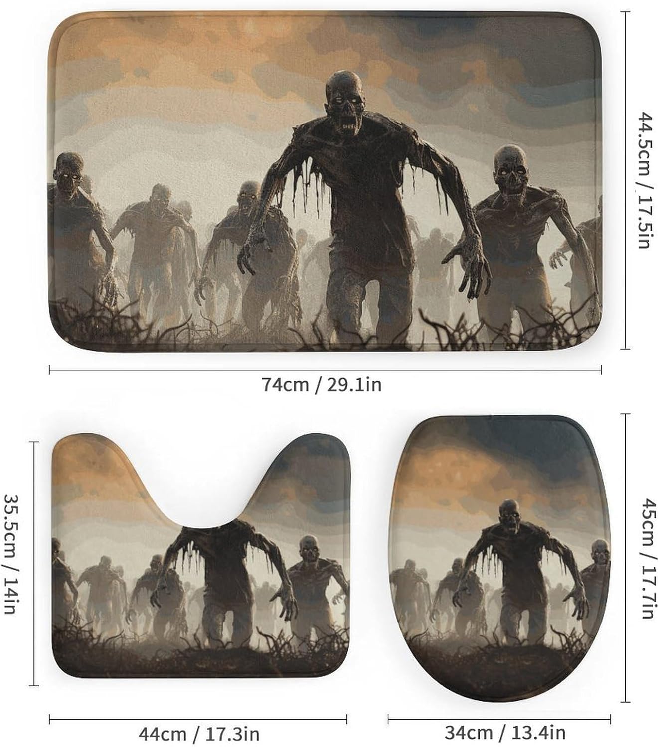 Many Zombie Shower Curtain Set 4 Piece, Non-Slip Bath Mat with Toilet Lid Cover and Waterproof Shower Curtain with 12 Hooks, Complete Bathroom Set for Home Decor