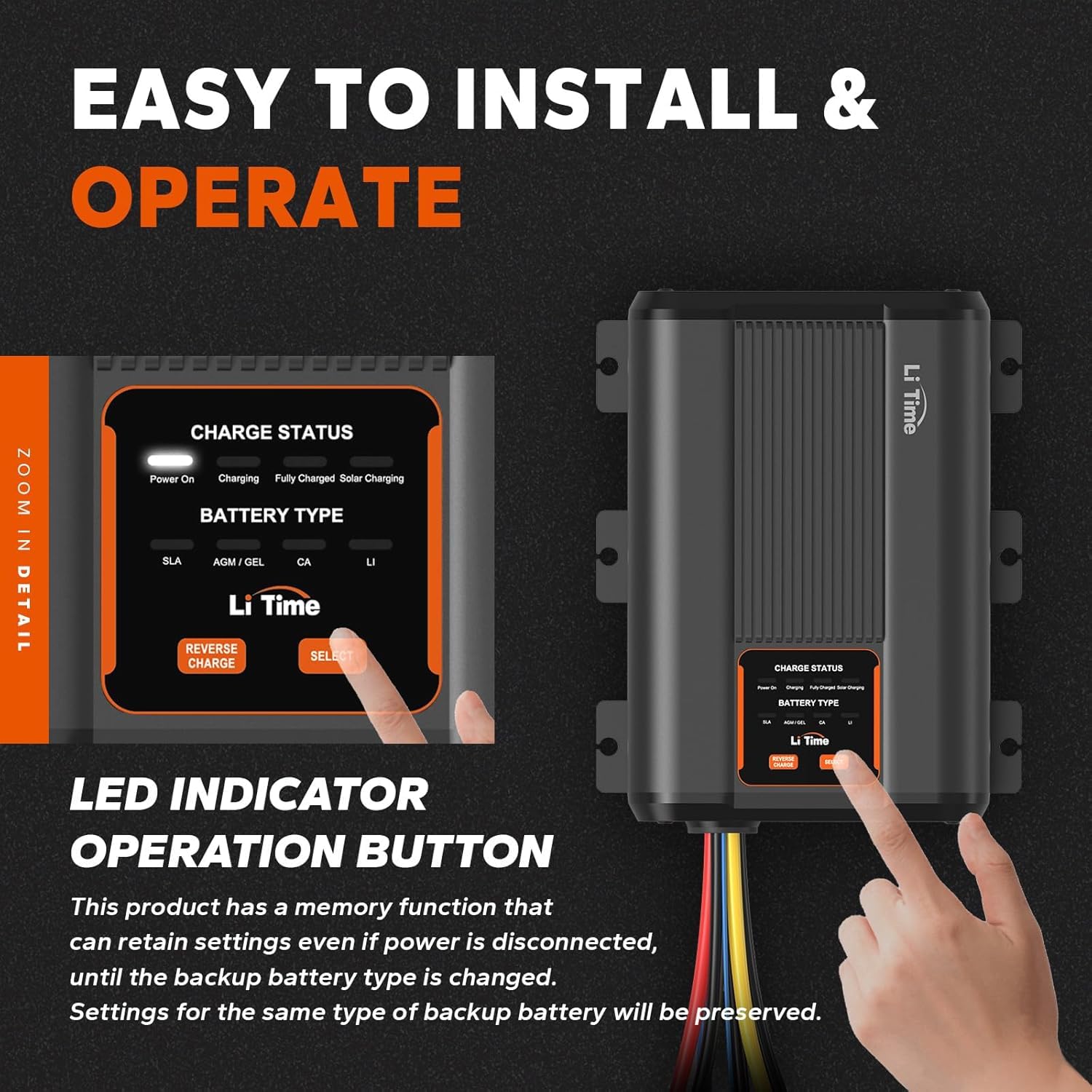 LiTime 12V 40A DC a DC Caricabatterie per Batterie al Litio, Piombo Acido, SLA, Gel, AGM e Calcio da 12V, Caricabatterie per auto con Protezione Intelligente Della Carica, Rapido Caricatore