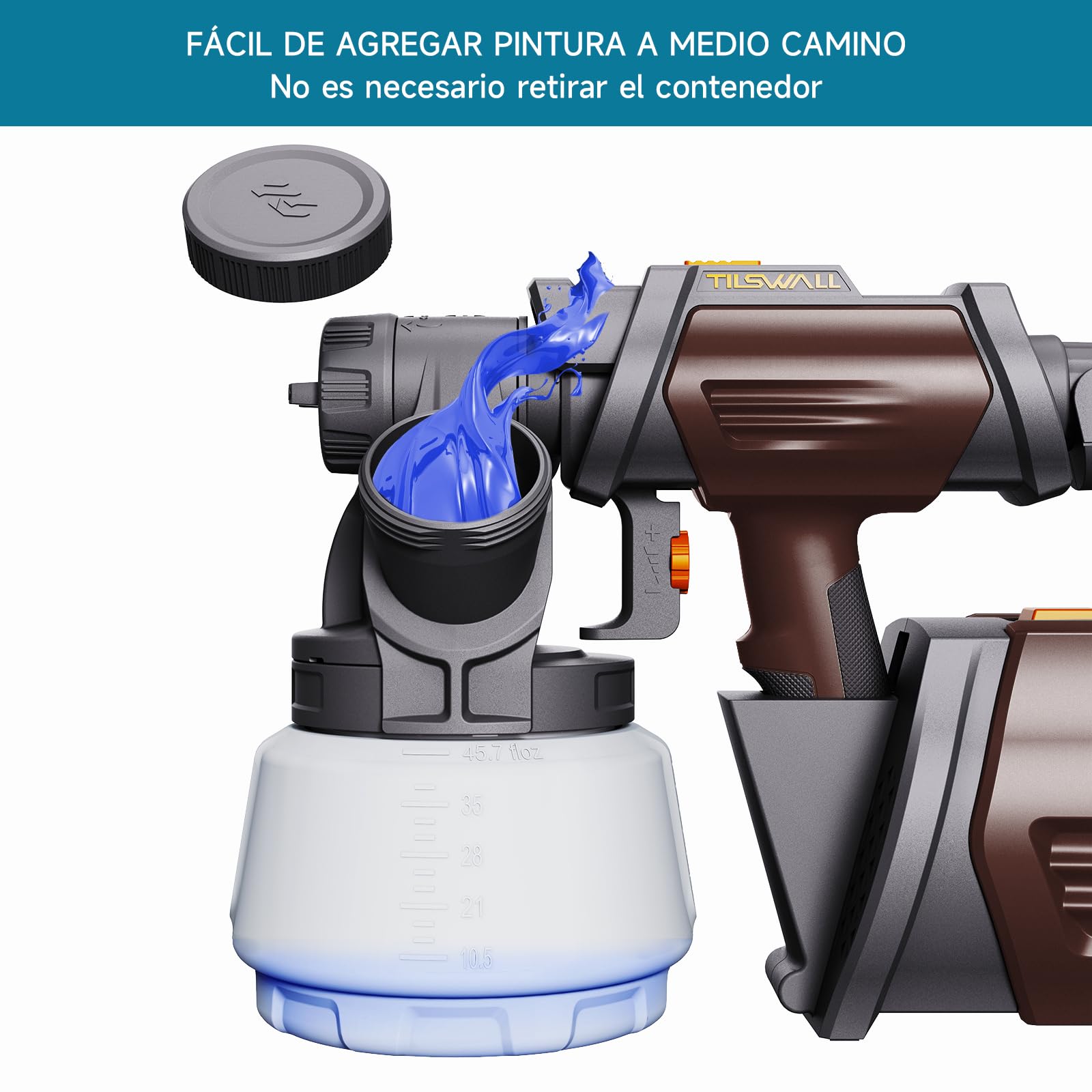 Tilswall Pistola Pintura, Pulverizador de Pintura HVLP 800W, 4 Boquillas y 3 Patrones, Contenedor de Pintura con Recarga Lateral, 120 DIN-s Pistola de Pintura, para Vallas, Jardín y Muebles