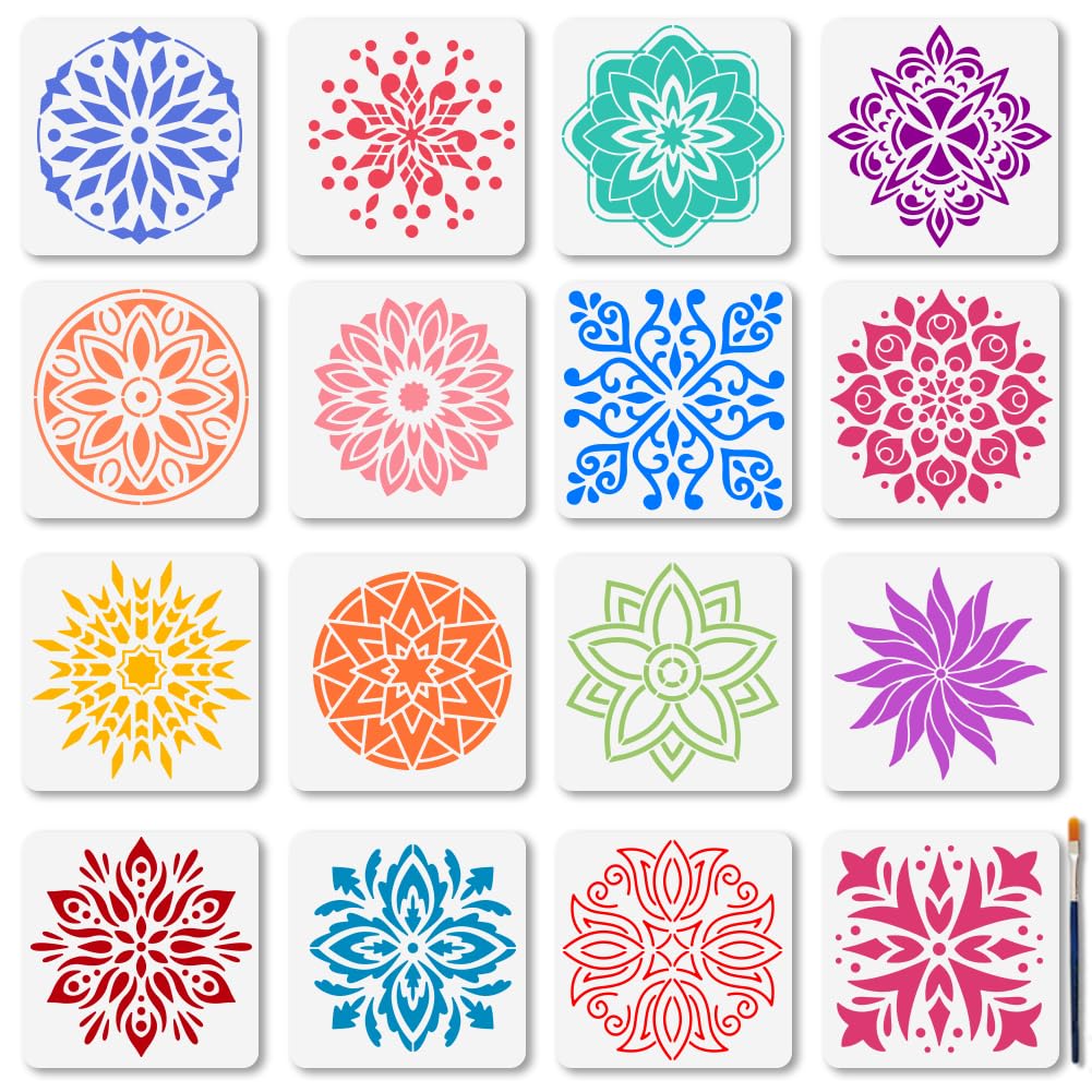 MAYJOYDIY Mandala Stencil Set, 16Pcs, 15×15cm, Reusable Flower & Geometric Templates