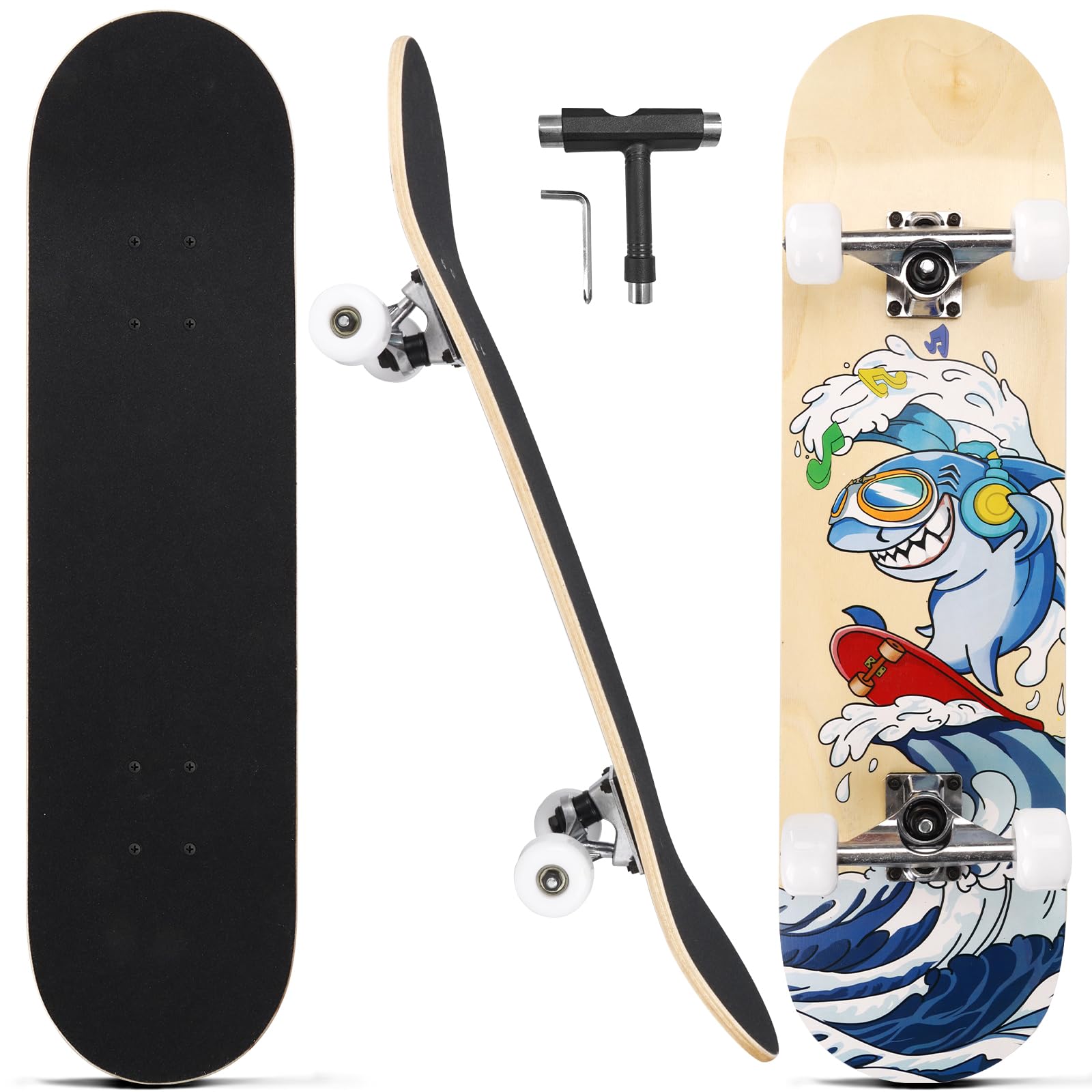 CAPARK Skateboards for Beginners Adults Youths Teens Kids Girls Boys 31 Inch Pro Complete Skate Boards 7 Layer Canadian Maple Double Kick Concave Longboards (Shark)