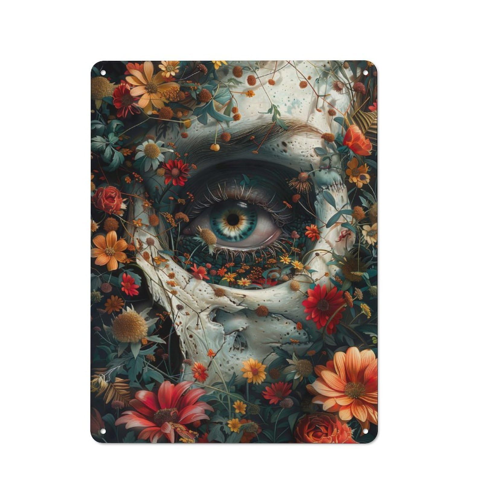 Tin Sign 40x30cm with Floral Skeleton Skull for Hallway Wall, Retro Decor, Suited to Hallway Decor Lovers