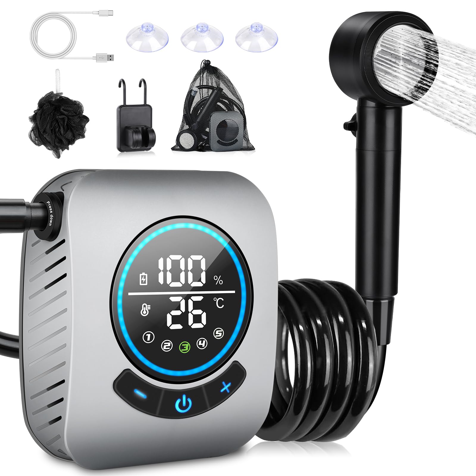 Spopal Portable Camping Shower, 8000mAh Rechargeable Portable Shower for Camping, LED Display, 4 Spray Modes, IPX8 Waterproof Camping Hiking Shower Kit for Hiking, Travel, Car, Pet(Grey) — image 1