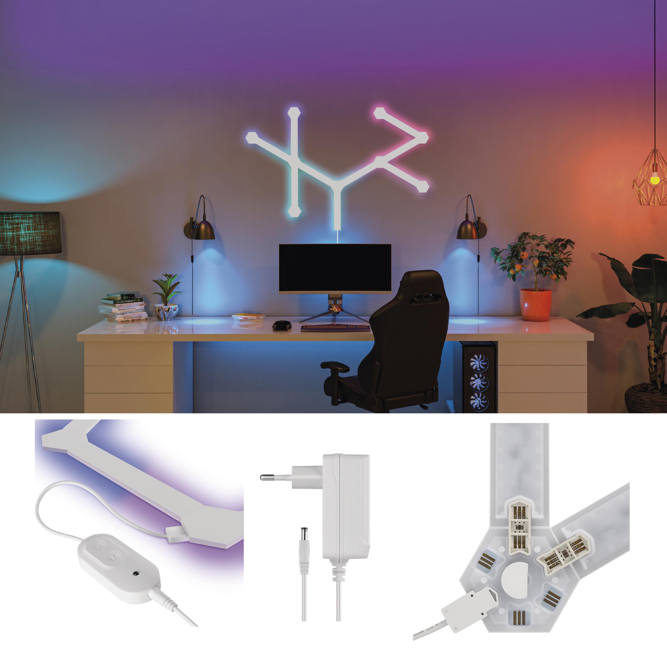 EMOS - Smart RGBIC Gaming-Wandleuchte mit App, 9+9 Segmente - Modular-Beleuchtung - 16+ Mio Farben, Musik-Synchronisation, Sprachsteuerung - 2,4 GHz WiFi-Ambientlicht - 1,5m Kabel und Netzteil - weiß