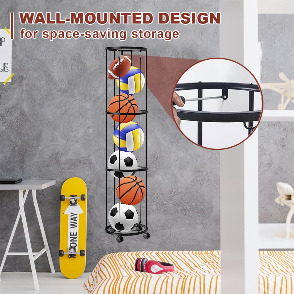 3 Tier Ballständer mit Rollen, Ball Aufbewahrung garage, Ballaufbewahrungskäfig-Ballhalter, Vertikales Ballaufbewahrungsregal, Garage Organizer für Sportgeräte Basketball Fußball Volleyball