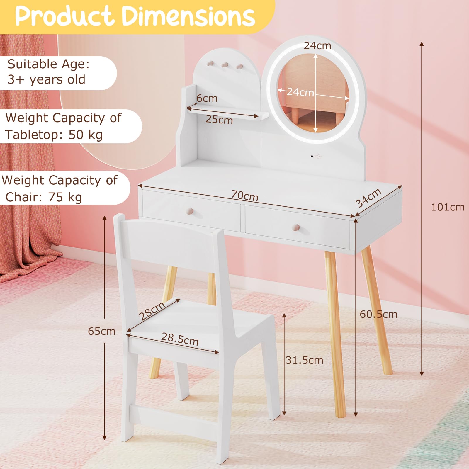 DREAMADE Schminktisch Kinder, Schminktisch aus Holz mit 2-Farbiger LED-Lichtern, Kinderschminktisch mit offener Ablage & 2 Schubladen & 3 Haken, Prinzessin Frisiertisch für Kinder ab 3 Jahren (Weiß)