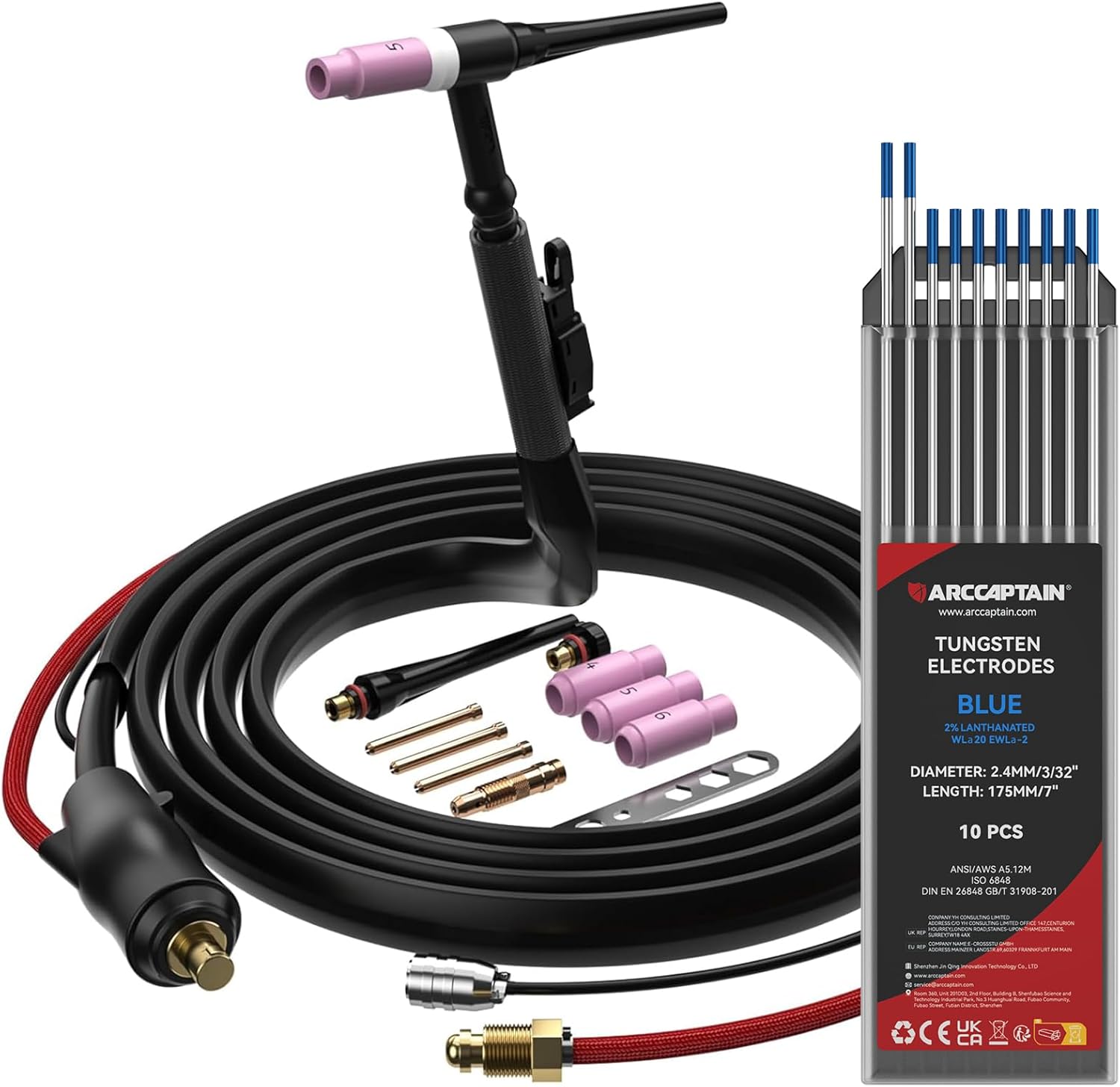 ARCCAPTAIN TIG Torch & Tungsten Electrodes 10-pk 3/32"x7" (2% Lanthanated)