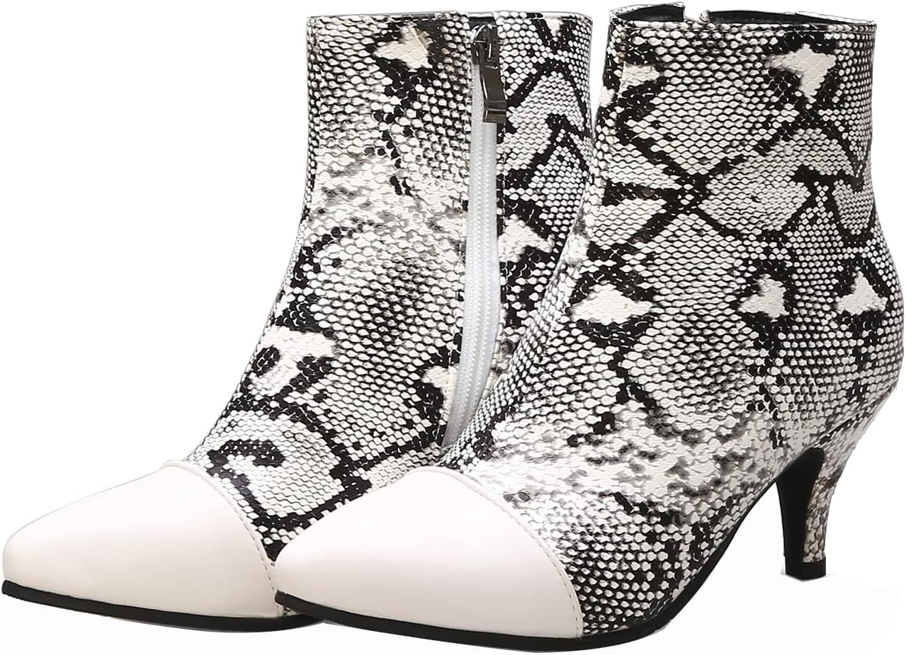 UniqueStride Womens Pointed Toe Zipper Stiletto Heel Ankle Boots Kitten High Heels Snake Print Booties