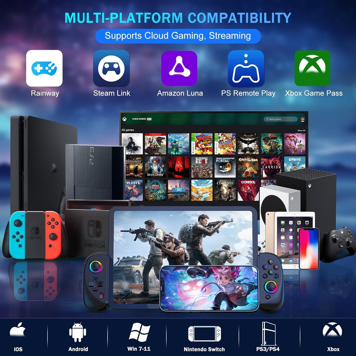 Megadream Mobiler Gaming Controller für iPad/Tablet (bis zu 10Zoll) Wireless Bluetooth RGB Gamepad für iPhone/Android/PC, Hall-Effekt-Joysticks mit Linear Trigger, Turbo Funktion - Schwarz