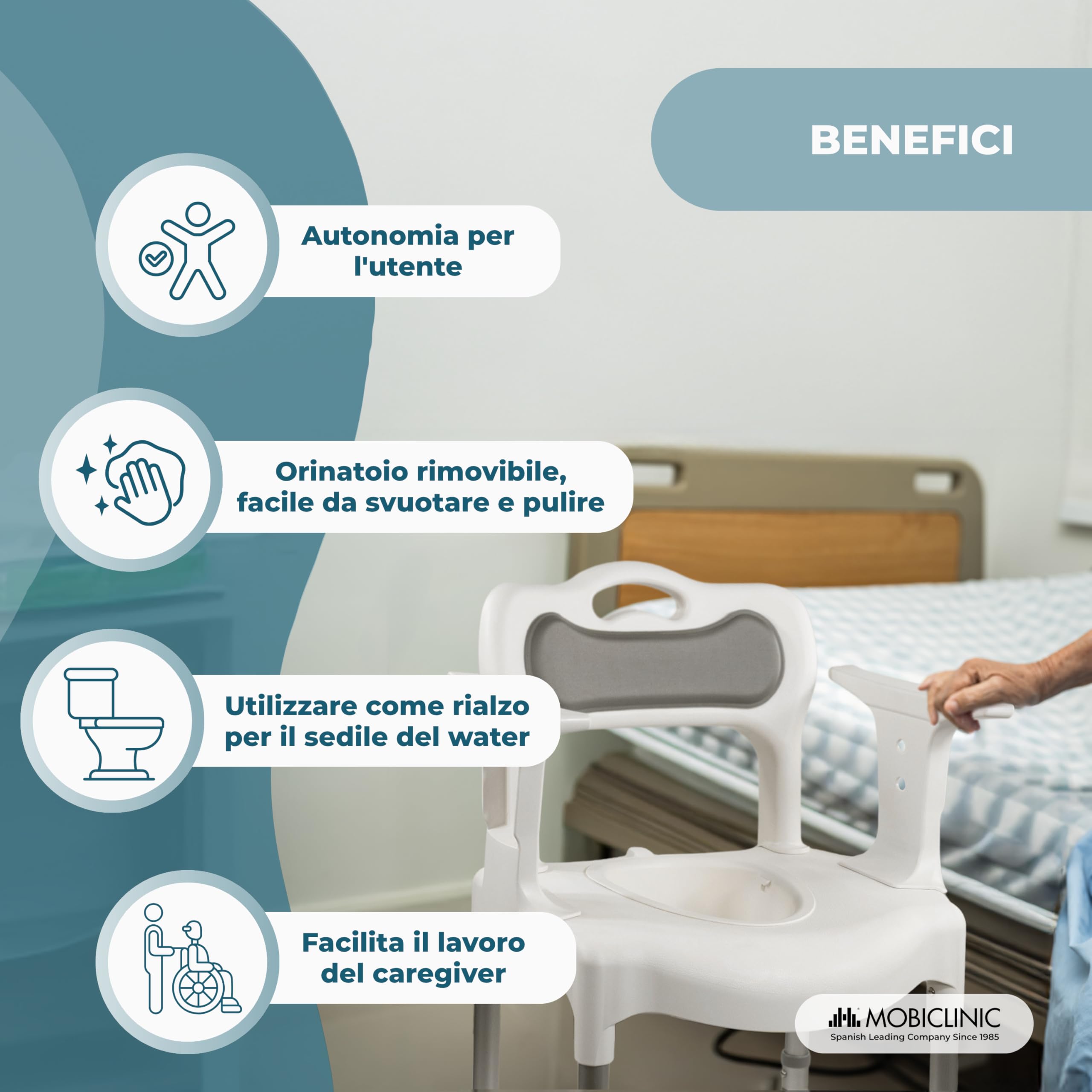 Mobiclinic®, Sedia WC, Vasca e Doccia, 3 in 1, Altezza Regolabile su 6 Livelli, Orinatoio Rimovibile da 3,5 L, Cuscini per Seduta e Schienale, Multifunzione, Terminali Antiscivolo, Guido