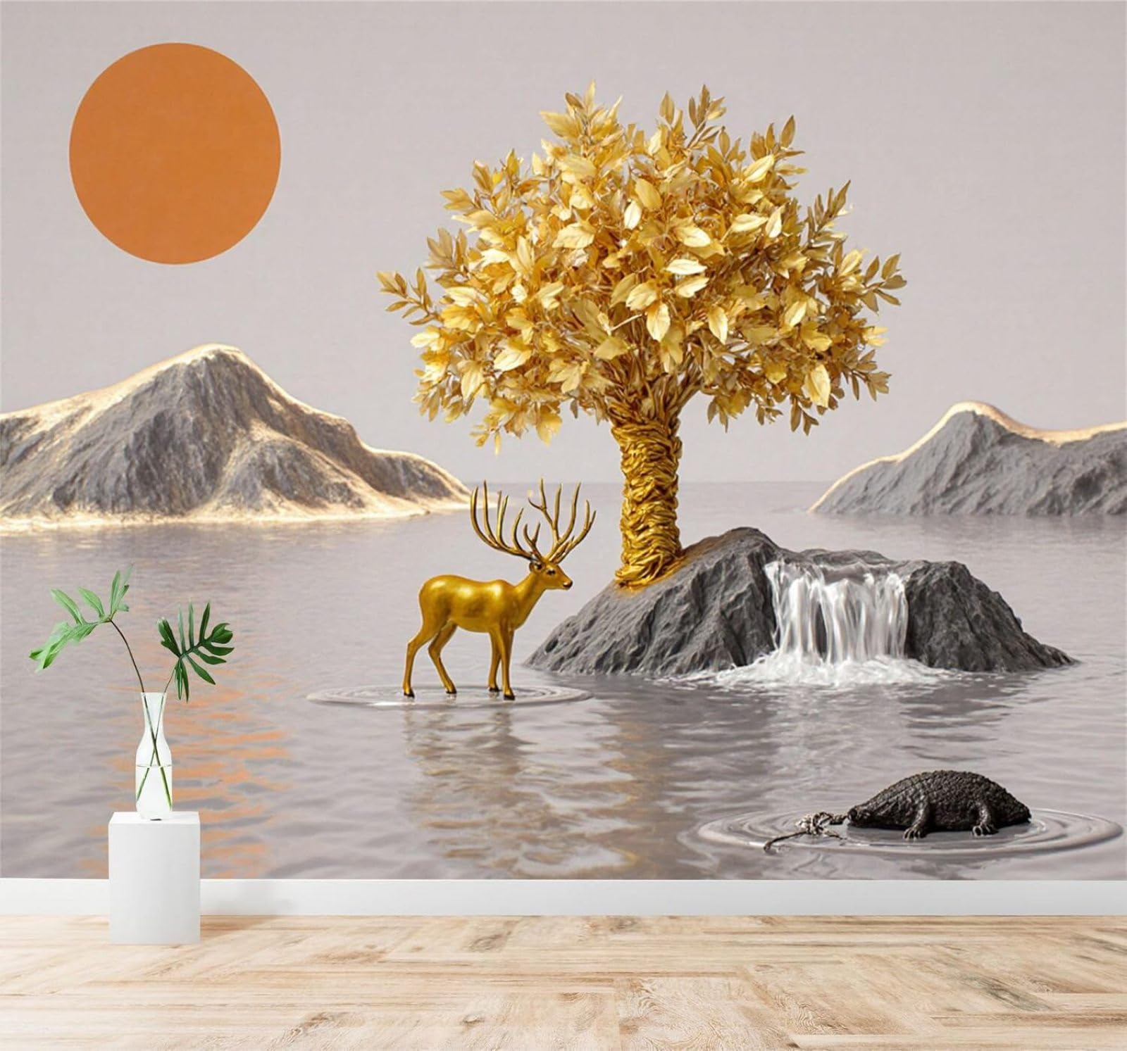 XLMING Golden Deer Golden Trees Waterfall Orange Sunlight Mountain Scenery 3D Wallpaper Silky Texture Home Study Office Grey Dining Room Sofa Bedroom Living Room TV Backdrop-150cm×105cm