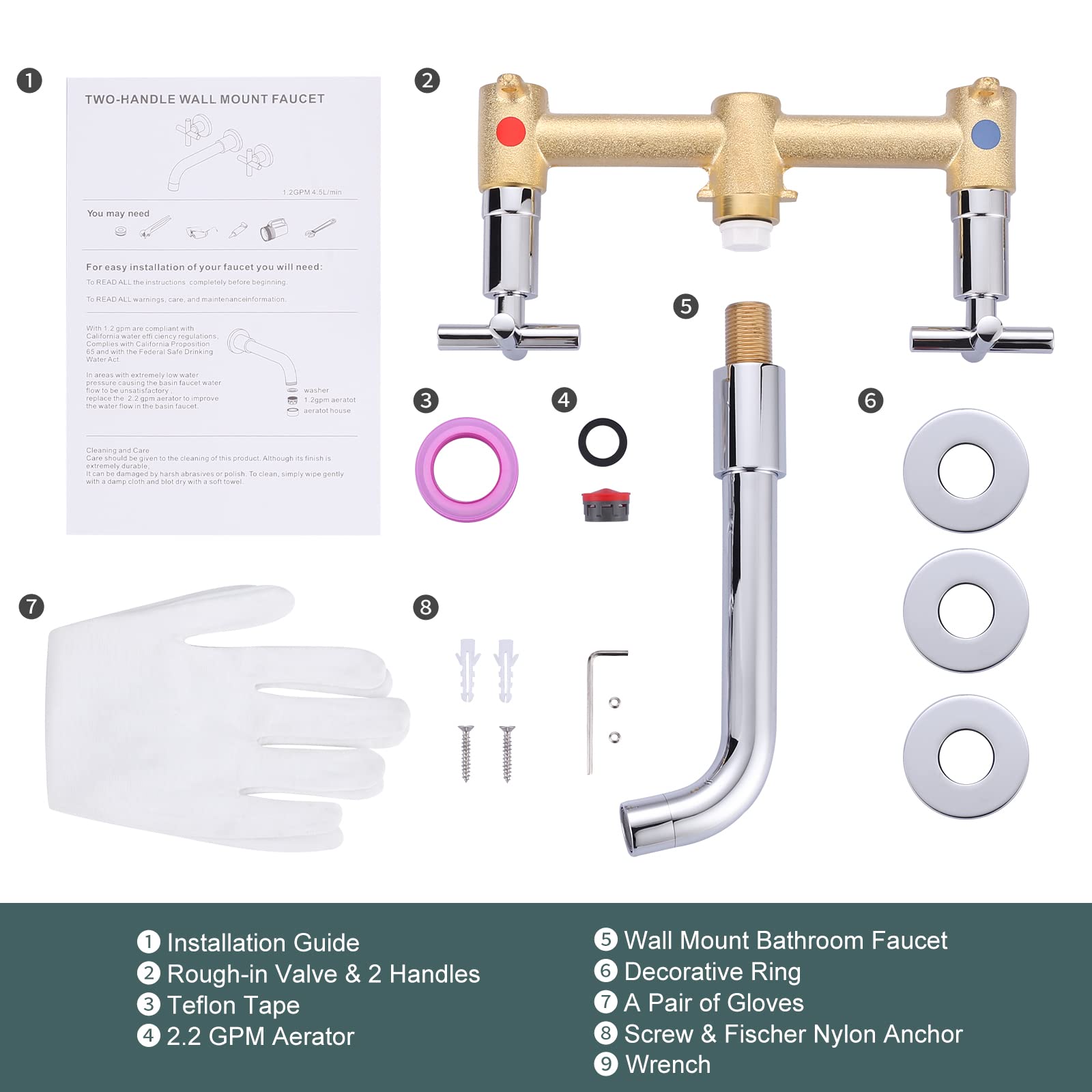 ARCORA - Grifo de baño cromado para fregadero de baño, 2 asas, con válvula incluida