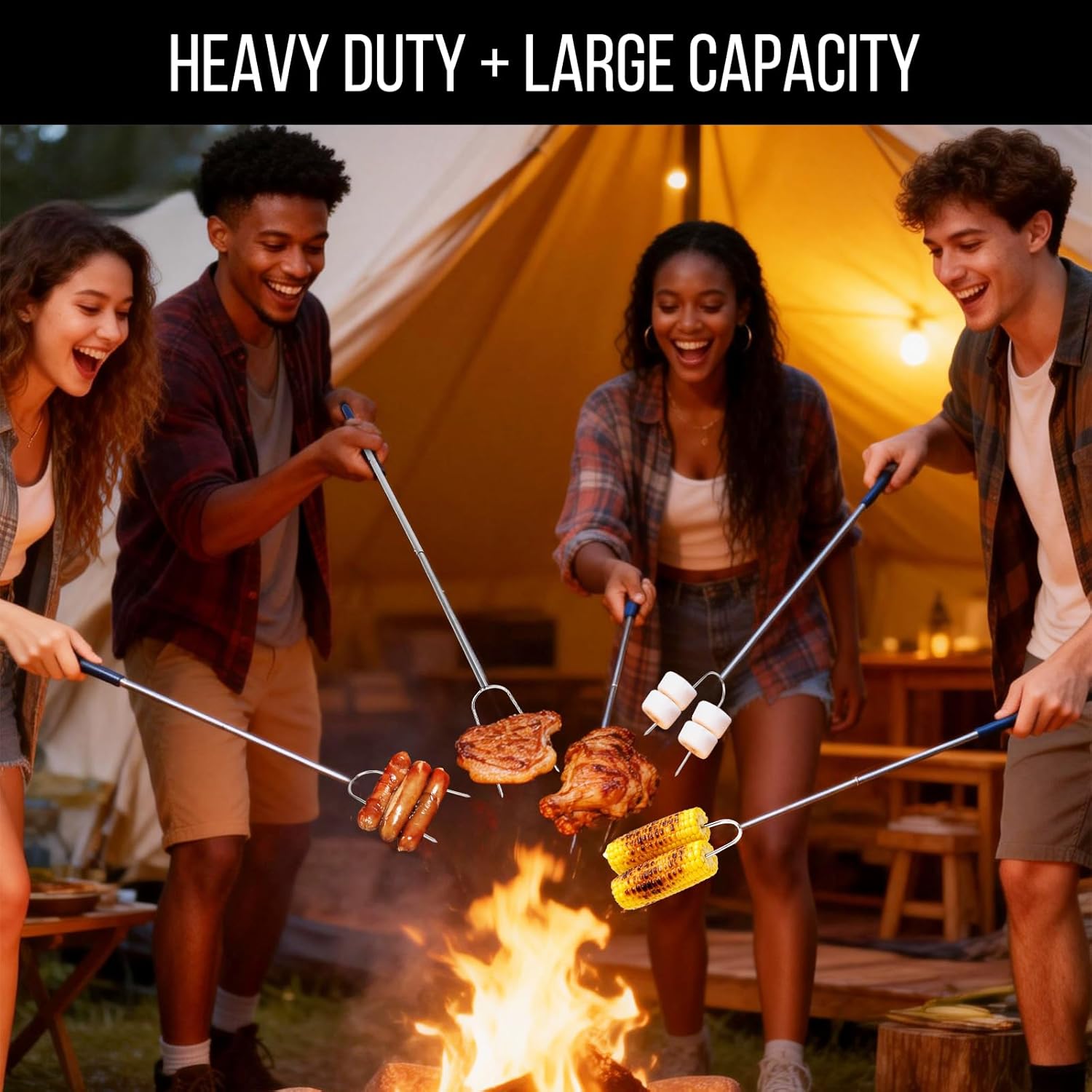 32 Inch Heavy Duty Campfire Roasting Sticks, Long Fire Pit Skewers for Hot Dogs, Smores & Marshmallows with Storage Bag Set of 4