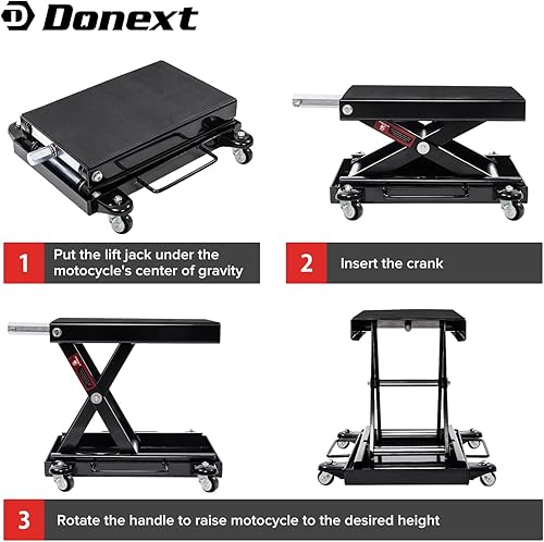 Vista 5 de Donext Centro de elevación de motocicleta de 1100 libras, gato elevador de tijera con soporte de elevación plano ancho para bicicletas, cuatrimotos