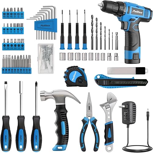Miniatura 3 de PULITUO Juego de herramientas, juego de taladro para el hogar de 148 piezas con taladro inalámbrico azul de 12 V, kits de herramientas manuales y