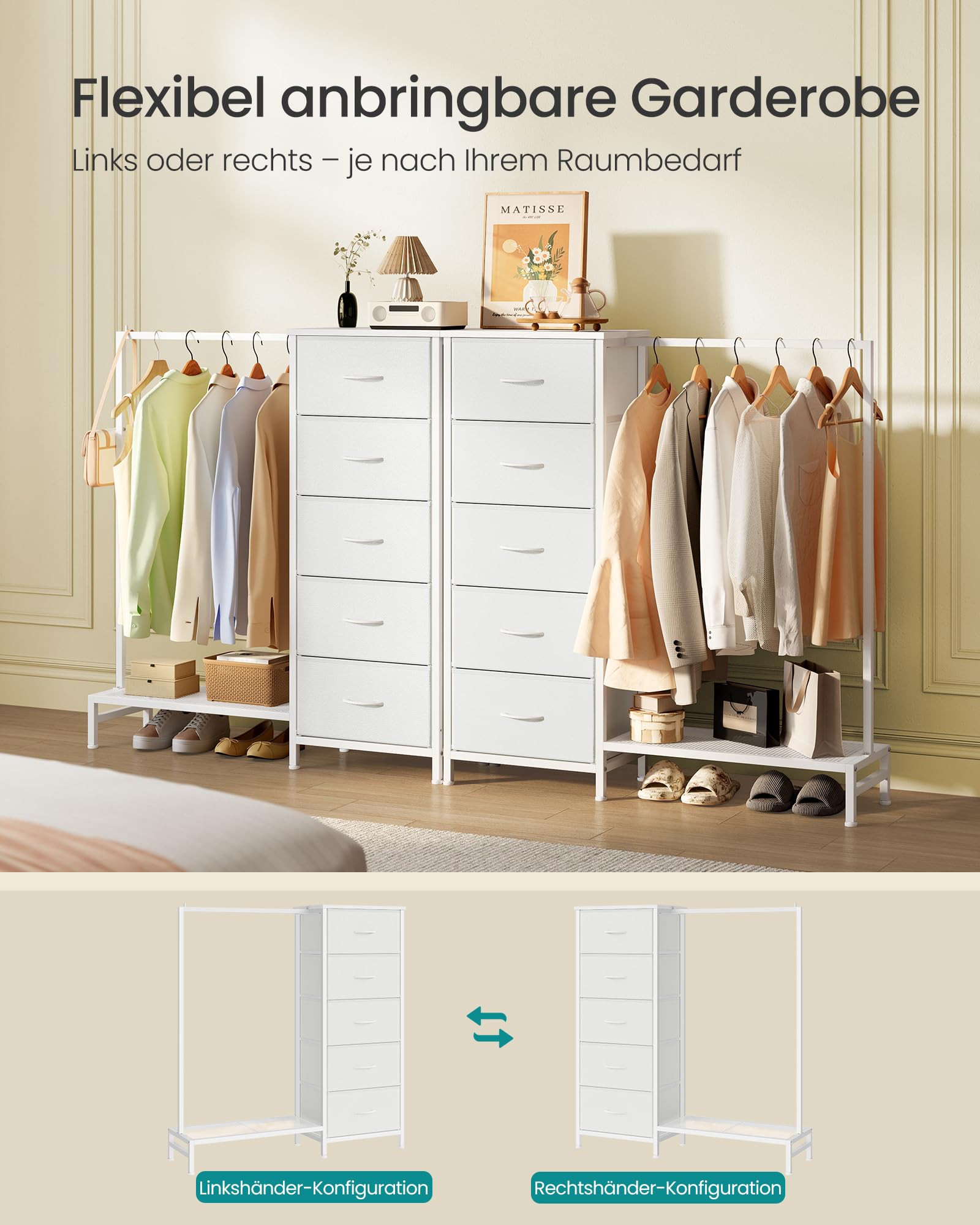 SONGMICS Kommode mit 5 Stoff Schubladen und Kleiderstange, Garderobenständer mit Kleiderstange und Schuhablage, 96,2 x 30 x 117,7 cm, für Schlafzimmer, Flur, Wolkenweiß LGS423W101