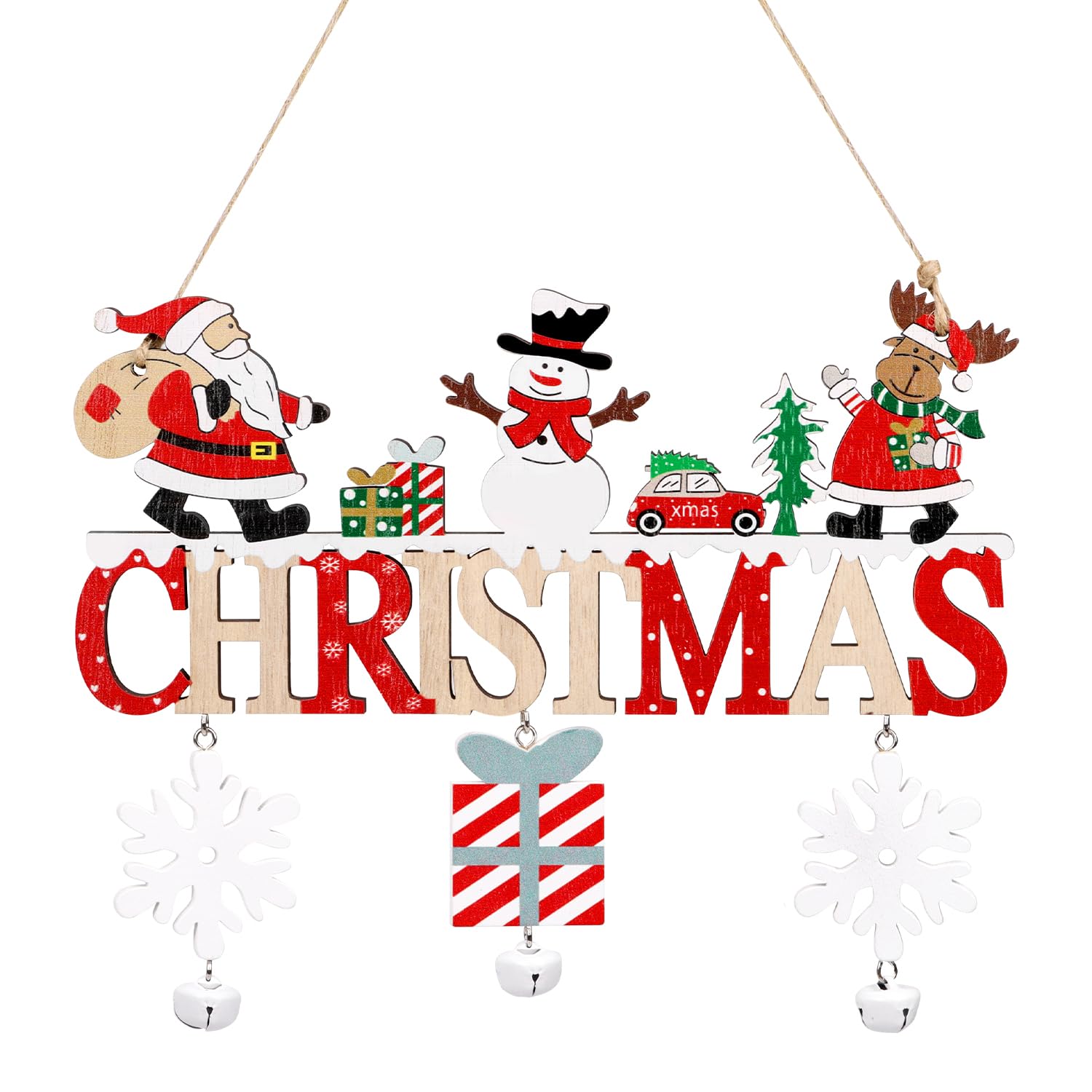VEYLIN Christmas Wooden Decorations Wooden Christmas Hanging Sign with Santa, Snowman and reindeer for Holiday Decoration