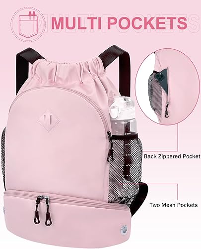 Miniatura 5 de Mochila de gimnasio con cordón y compartimento para zapatos para hombres y mujeres, bolsa deportiva de cuerda con bolsillo húmedo, bolsa de playa,