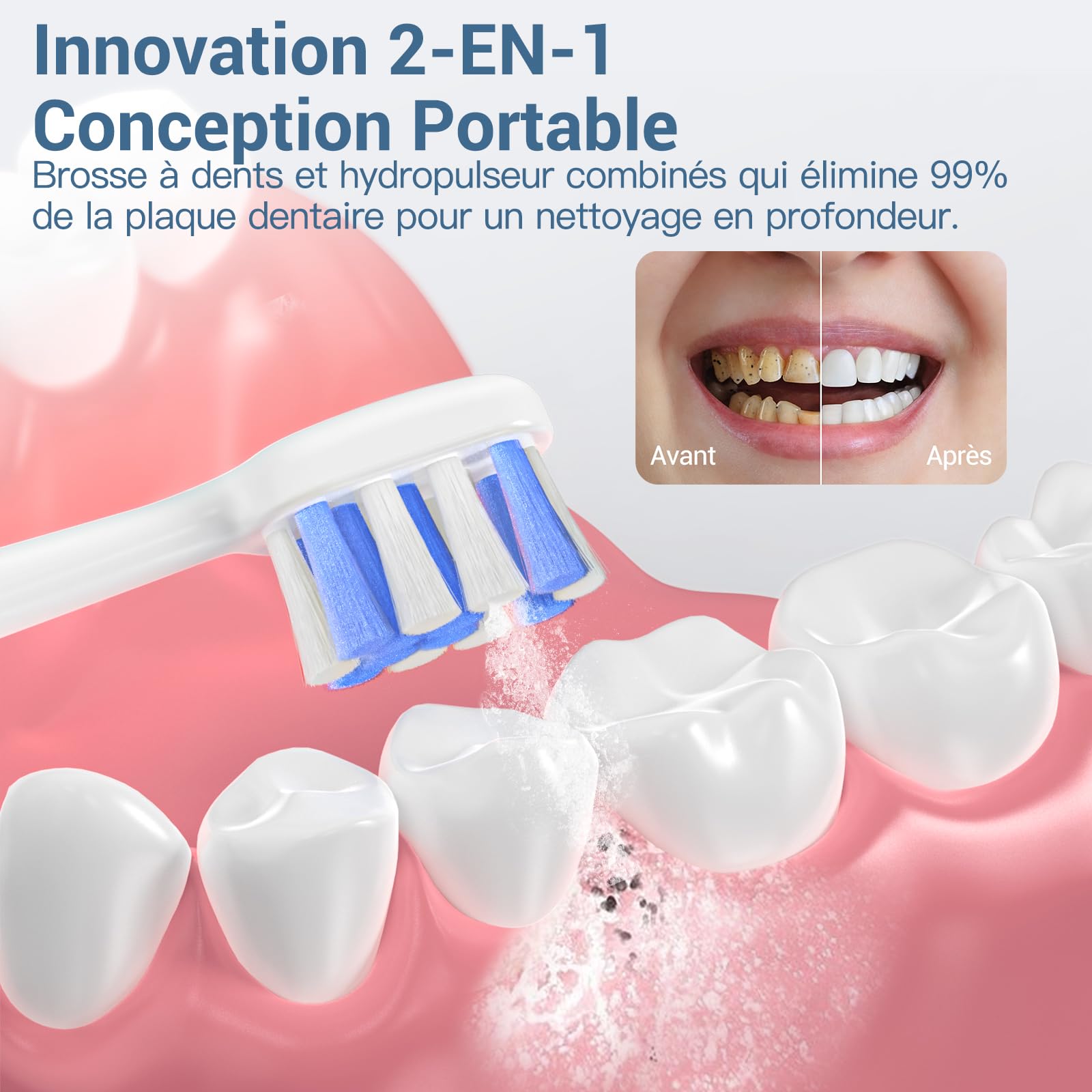 Marchpower Brosse à Dent Electrique Sonique avec Jet Dentaire Portable 2 en 1 - Kit Voyage Hydropulseurs et Irrigateurs pour Adultes - 3+4 Modes de Nettoyage - 4 Têtes de Rechange - IPX7 Etanche