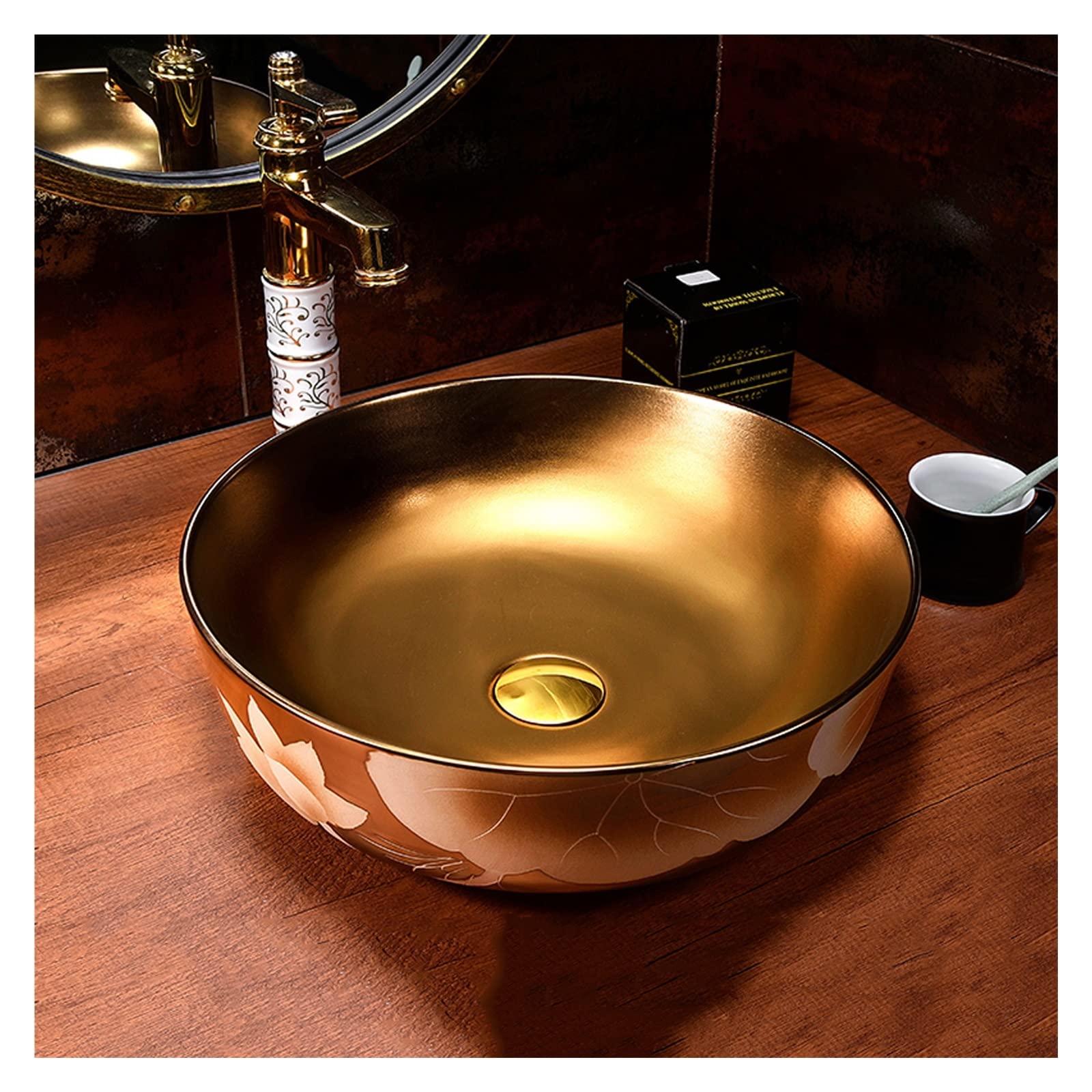 Sjdopulse B High-End Vessel Sink, Golden Ceramic Above Counter Artistic Sink Owl With Faucet Pop-Up Drain, Luxurious Athroom Porcelain Art Wash Asin ( 1)