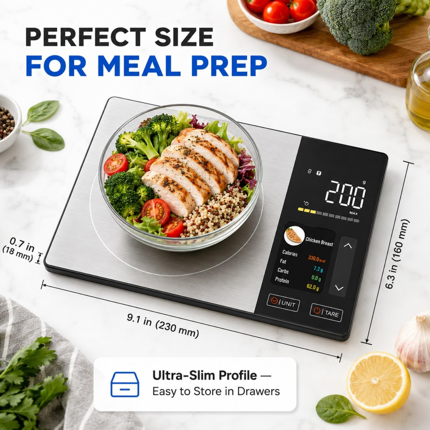 Smarte Ernährungswaage mit TFT-Display & App, Trackt Kalorien/Fett/Kohlenhydrate/Protein, 1g Präzision, 5kg/11lb, 50 Lebensmittel & 24 Nährstoffe, Digitale Küchenwaage für Meal Prep