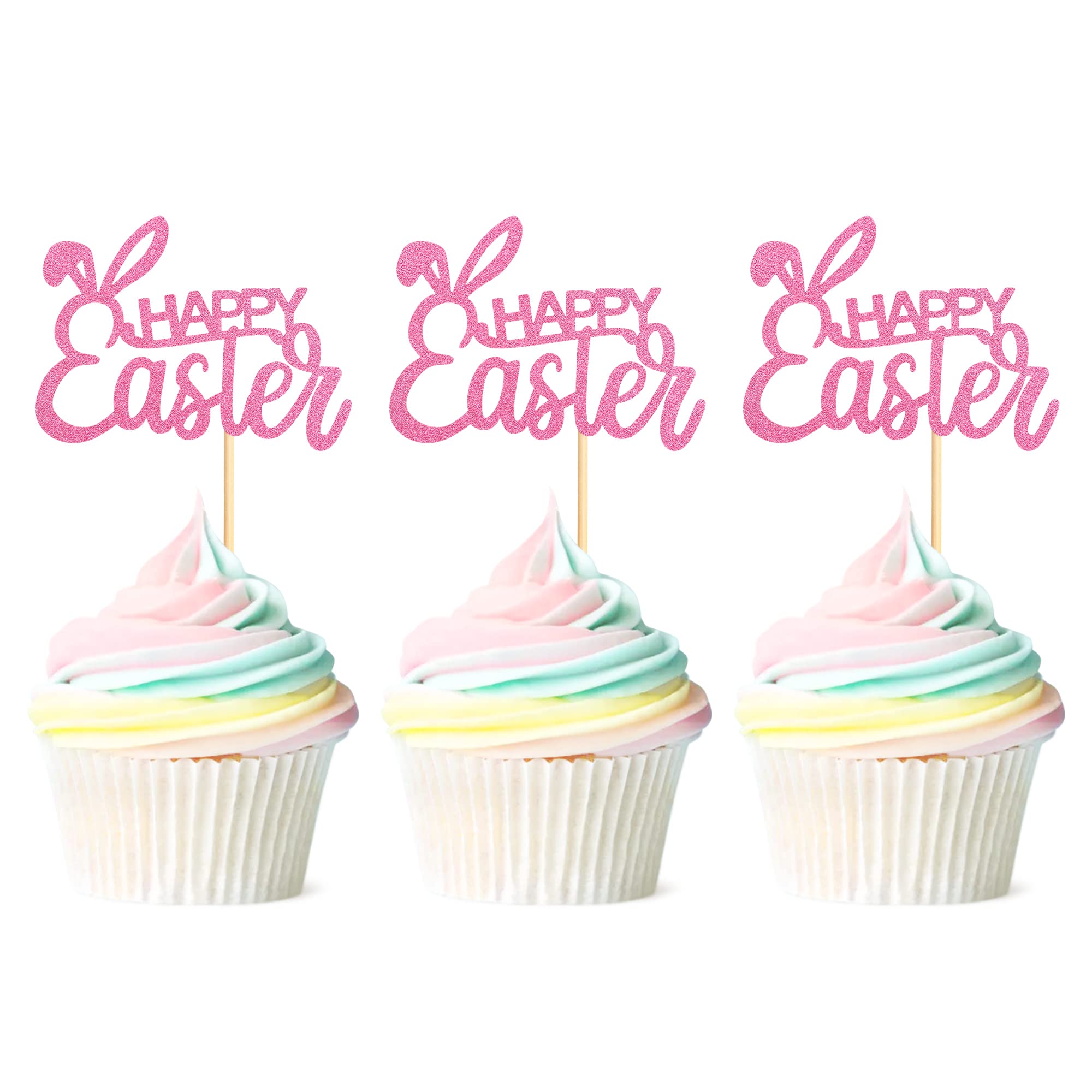 Blumomon 24Pcs Happy Easter Cupcake Toppers Pink Glitter Bunny Ear Cupcake Picks Happy Easter Theme Party Cake Decorations Supplies