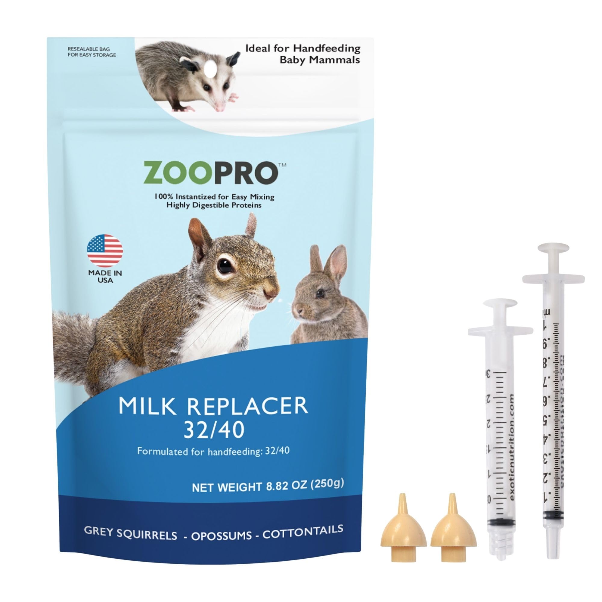 Exotic Nutrition Baby Squirrel Nursing Set (Basic) - Milk Replacer, Feeding Syringes