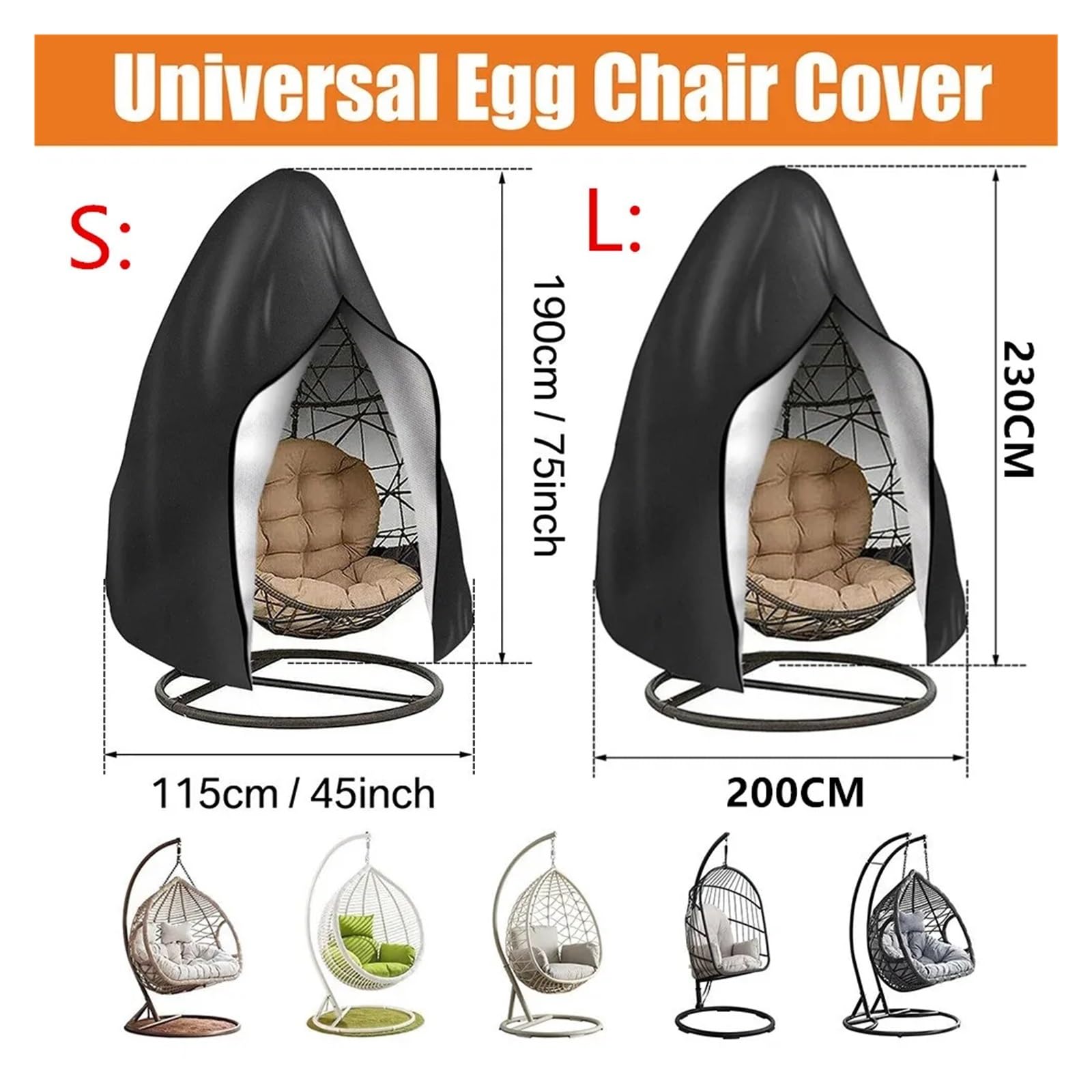 Couverture de Chaise Suspendue Housse de Chaise Suspendue for Patio avec Fermeture éclair, imperméable, Coupe-Vent, avec Boucle, résistante aux intempéries(Black,230x200CM)