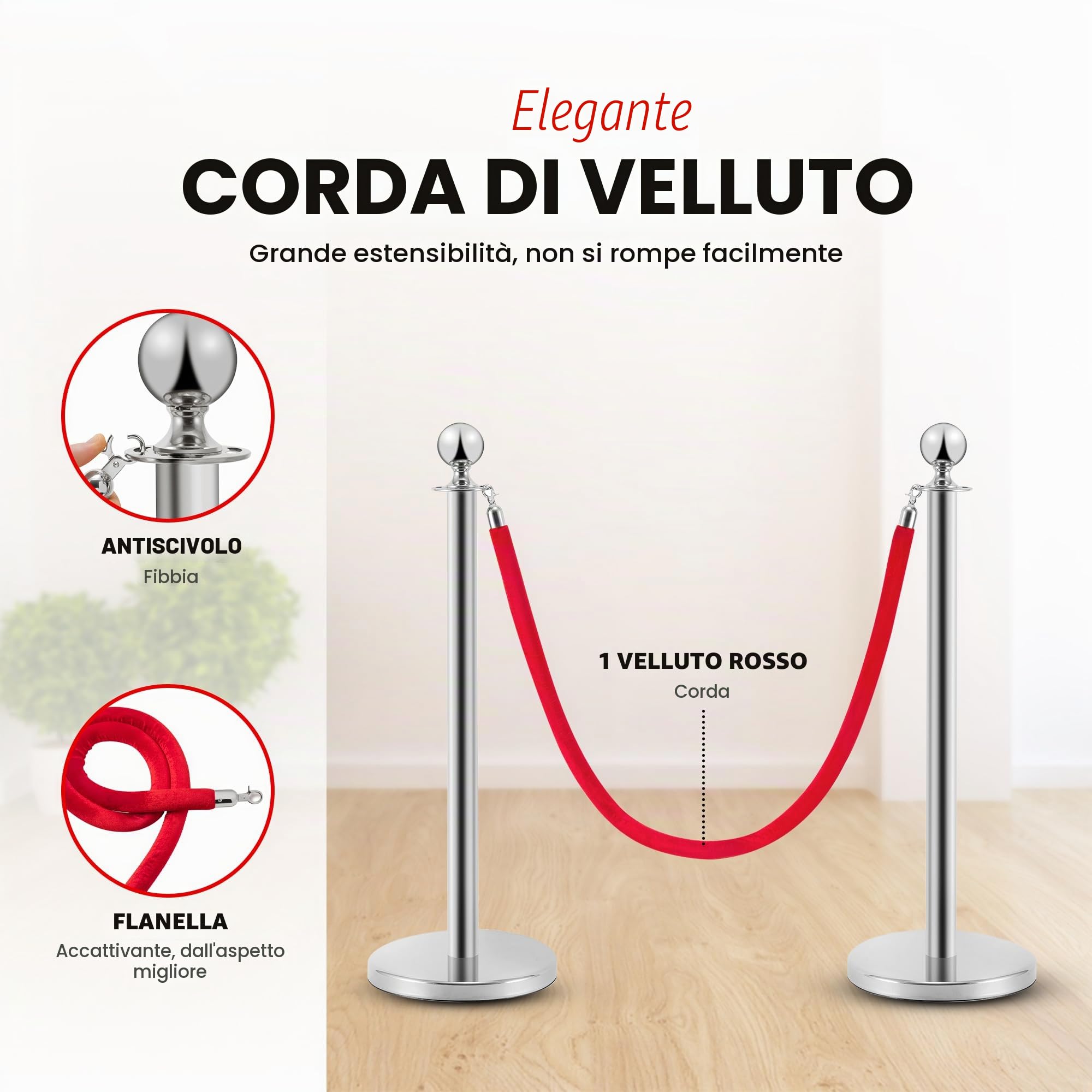 Pali distanziatori in acciaio inox 2 pezzi, altezza 90 cm, argento con corda di velluto rosso da 1,5 m, collegamento a 4 vie, base di diametro 31 cm, controllo della folla