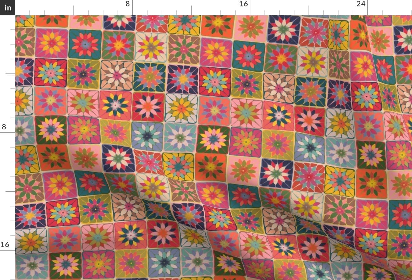 Spoonflower Fabric - Granny Crochet Grandma Bright Rainbow Vintage Style 70S Retro Teal Printed on Upholstery Velvet Fabric Fat Quarter - Upholstery Home Decor Bottomweight Apparel