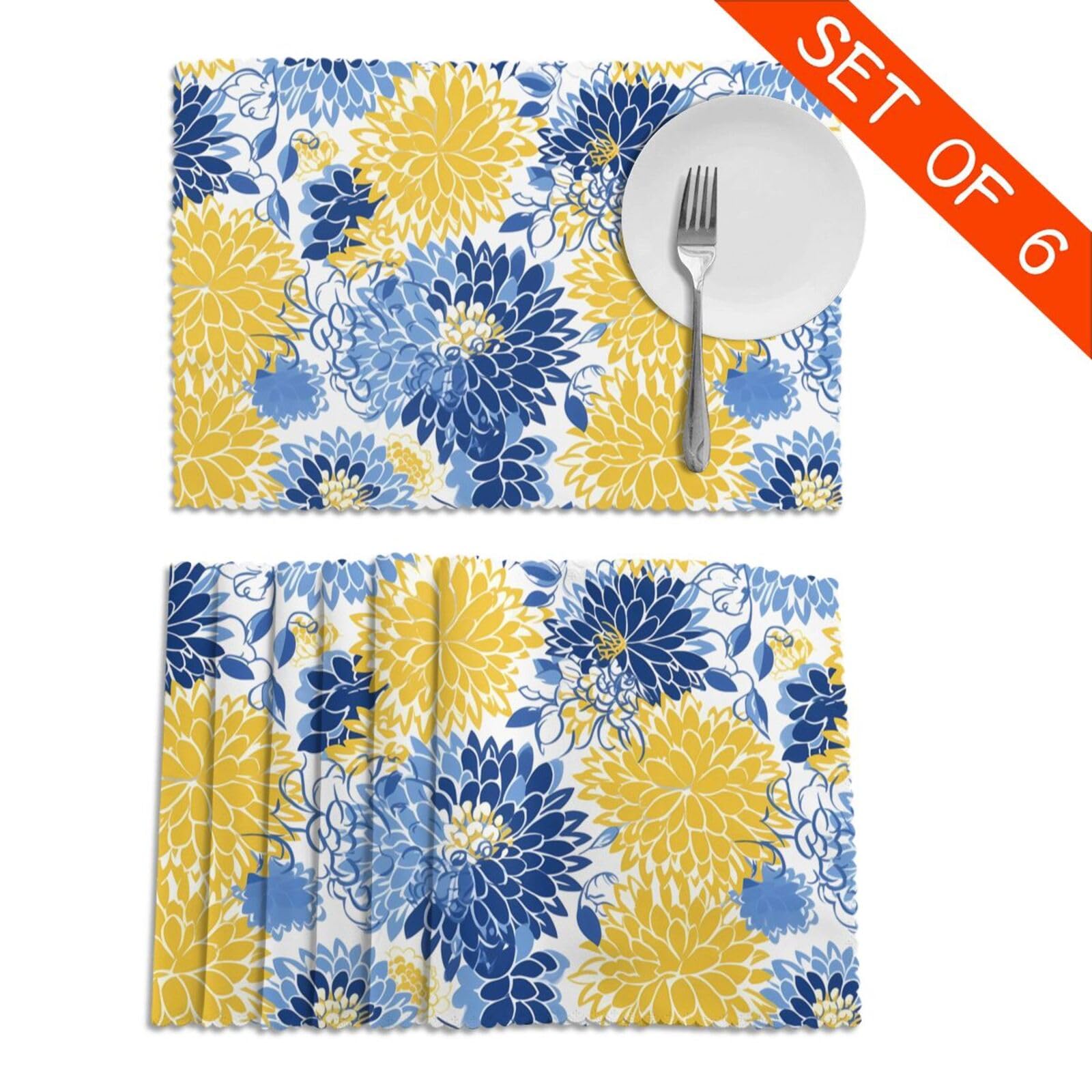 Mount Hour Flower Gray Yellow and Light Blue Placemats Set of 6 Heat-Resistant Washable Table Place Mat for Dining Table 12 X 18 Inches