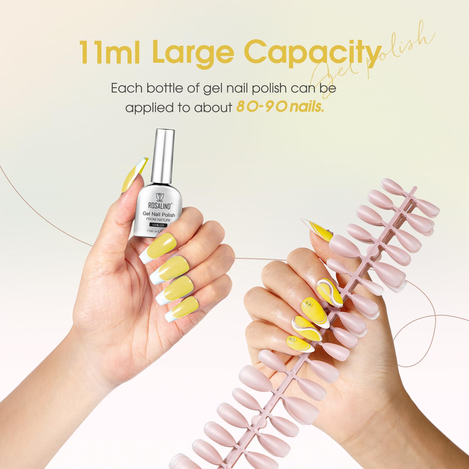 ROSALIND Semi-Permanent Nail Polish, 12 ml Yellow Semi-Permanent Nail Polish, UV/LED Soak Off Spring Summer Nail Polish for DIY Manicure — view 4