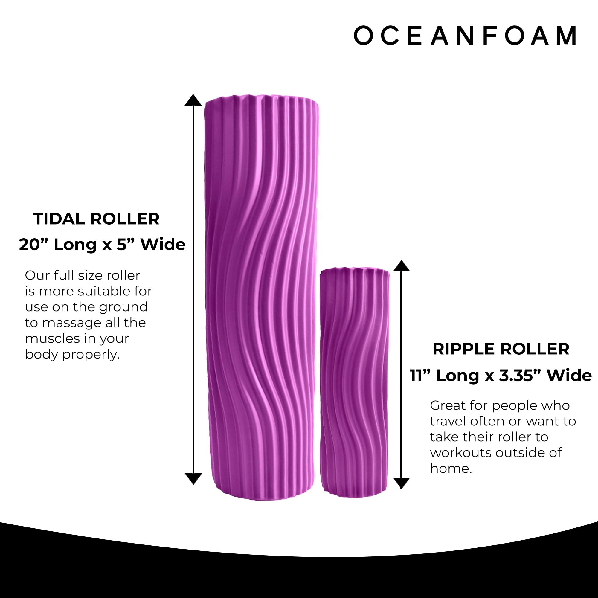 Oceanfoam Magenta Tidal Roller - Rodillo ergonómico de espuma para masaje muscular miofascial de espalda con textura de onda ancha - Yoga, atletismo, rigidez corporal, estiramiento, ejercicios de