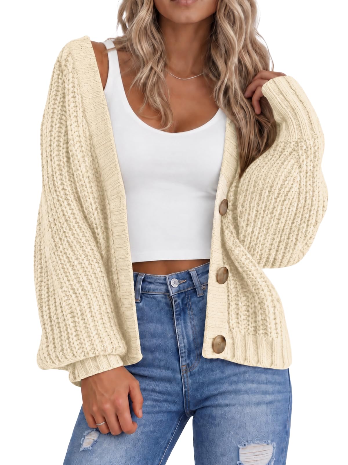 Saodimallsu Strickjacke Damen Kurz Cardigan V-Ausschnitt Winter Pullover | Grobstrick,Herbst,Winter,Casual,Knopfleiste,Strickcardigan,Elegant,Oversize,Jacke,Kuschelig Weich,Pullover