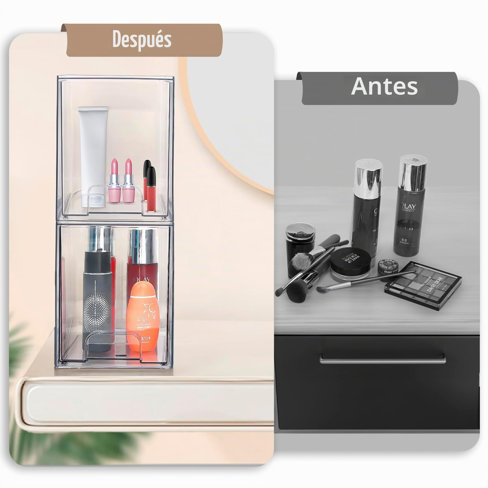Organizador de maquillaje apilable acrílico transparente con cajones