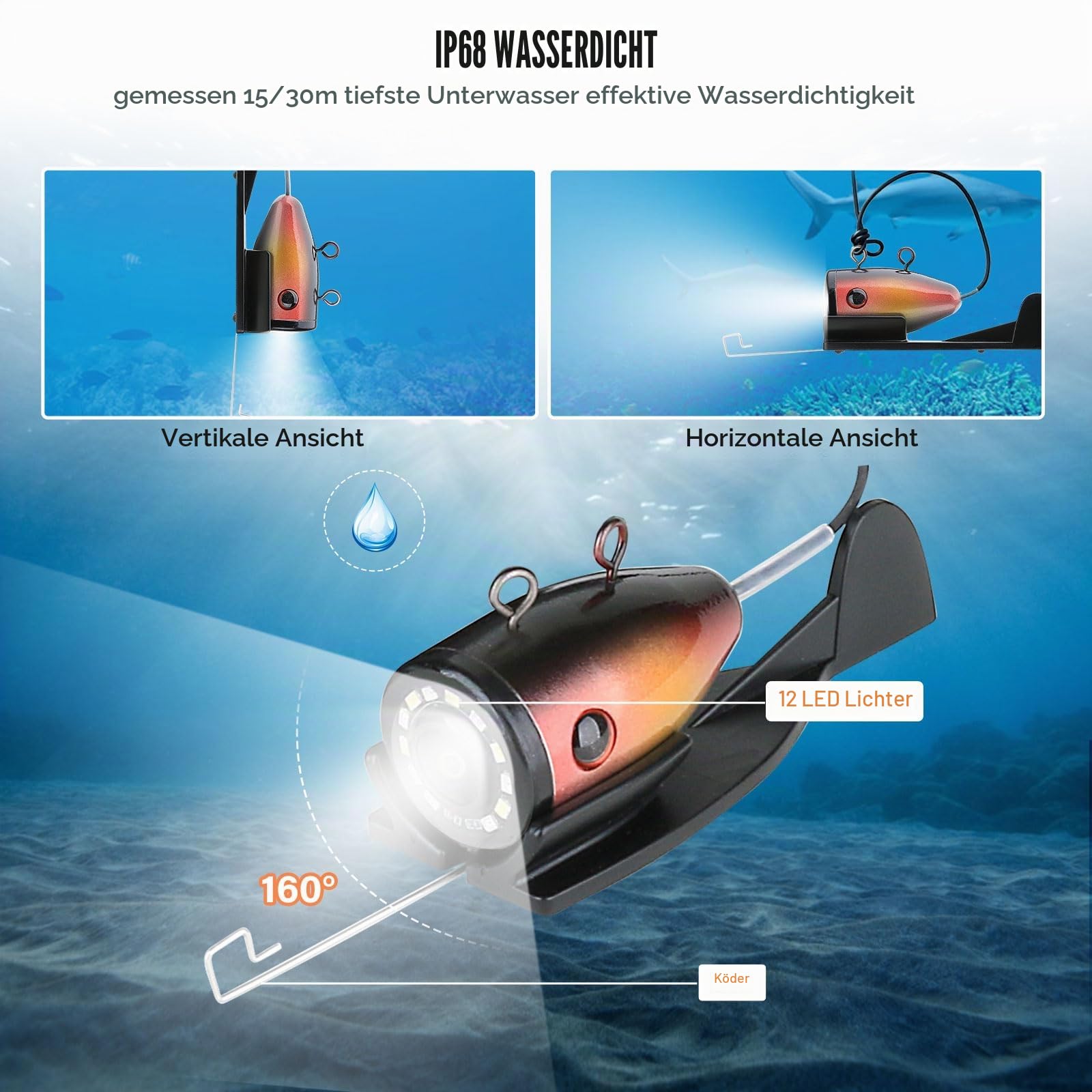 Tragbare Angelkamera, 5 Zoll Unterwasser mit 12 LEDs Licht, HD 1000TVL Wasserdicht Unterwasserkamera für EIS See Boot Angeln