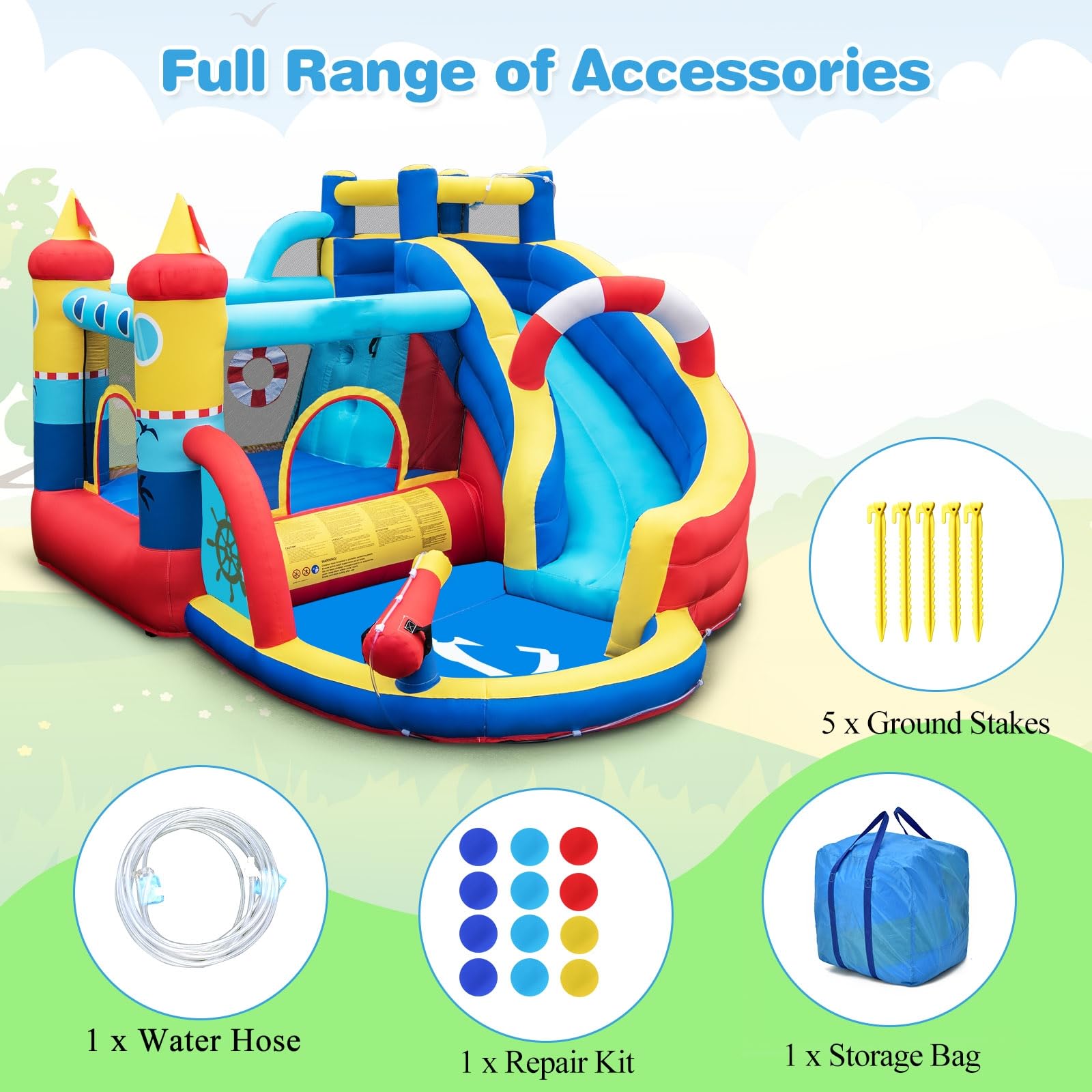 LIFEZEAL Castello Gonfiabile per 4 Bambini 3-12 Anni, Parco Aquatico, con Rete Protettiva, Giochi, Scivolo, Trampolino, Piscina, Cannone dell’Acqua, Interno, Esterno, Tema di Navigazione